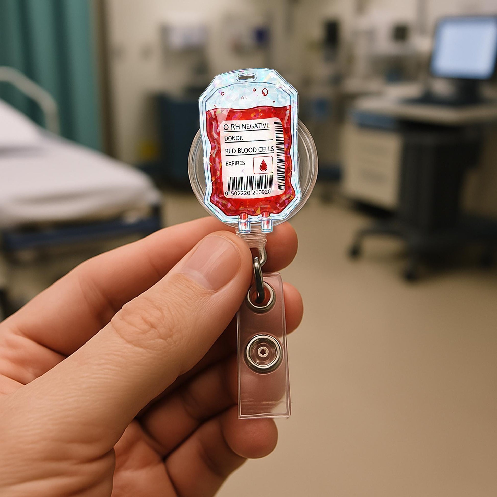 Blood Bag Hologram Badge Reel, O Negative ID Holder for Nurses and Medics, Funny Medical Retractable Clip, Phlebotomy Lab Tech Gift