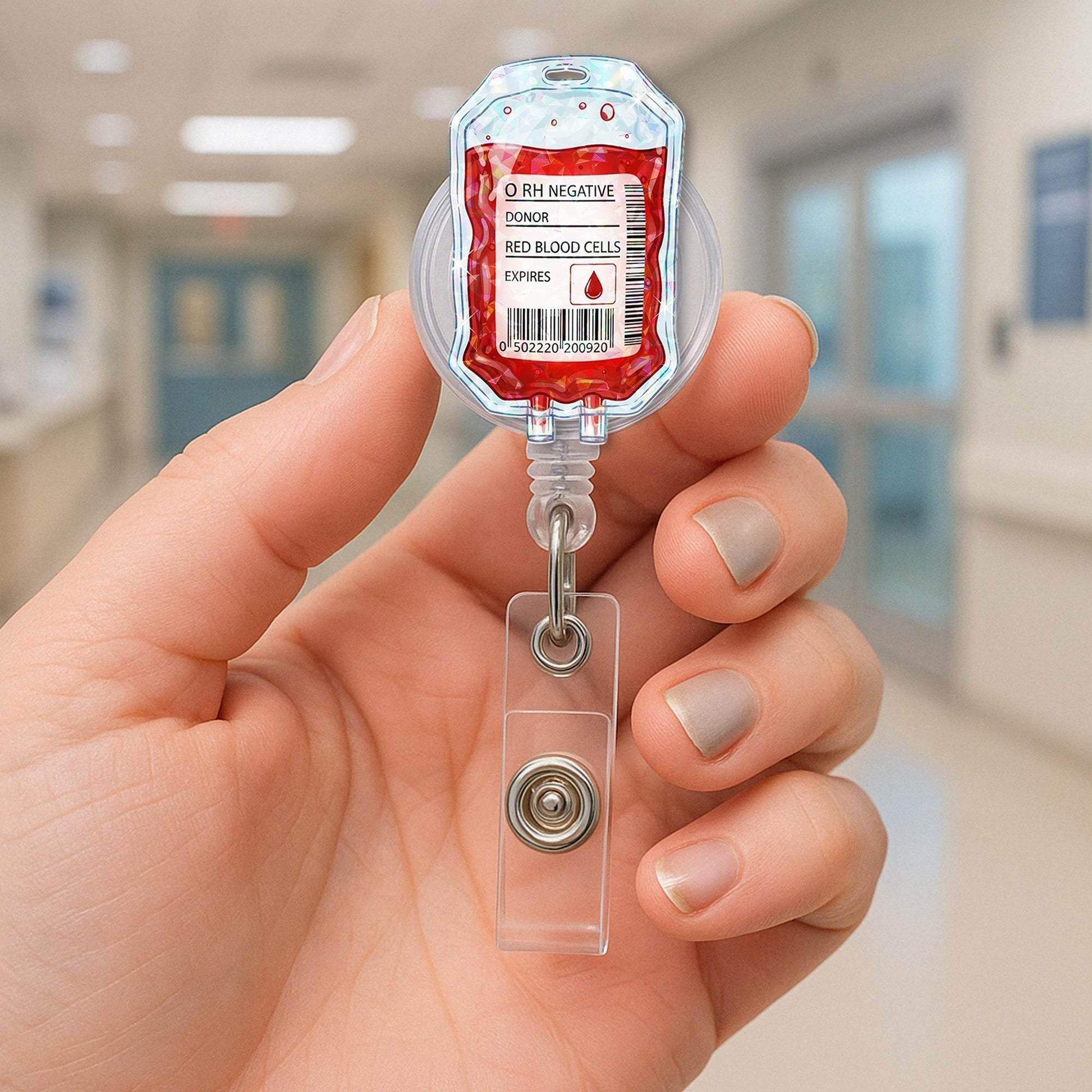 Blood Bag Hologram Badge Reel, O Negative ID Holder for Nurses and Medics, Funny Medical Retractable Clip, Phlebotomy Lab Tech Gift