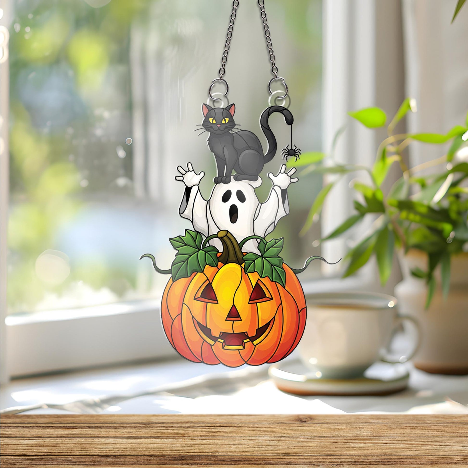 Halloween Ornament , Black Cat Ghost Pumpkin Window Hanging, Spooky Cute Fall Decor, Acrylic Halloween Ornament