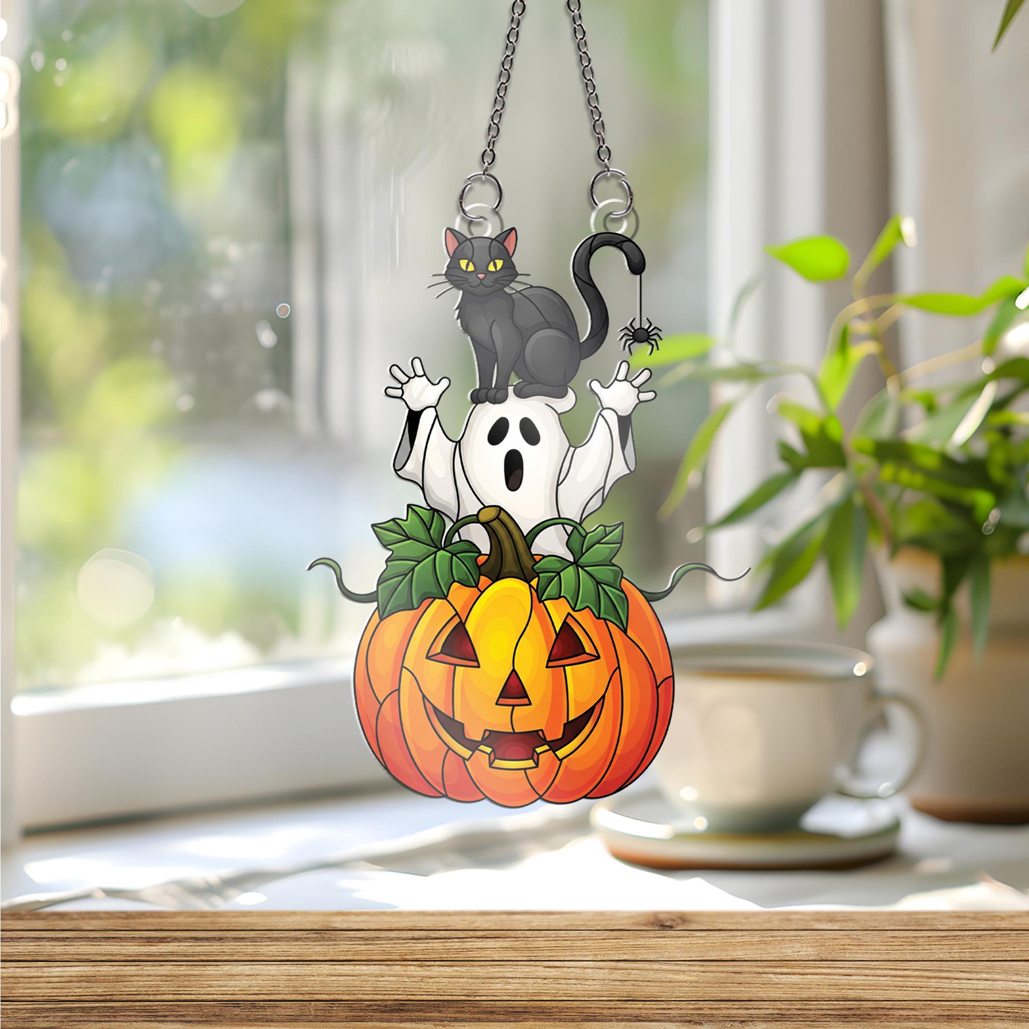 Halloween Ornament , Black Cat Ghost Pumpkin Window Hanging, Spooky Cute Fall Decor, Acrylic Halloween Ornament