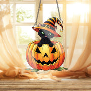 Halloween Cat Ornament , Black Cat in Pumpkin Ornament, Witch Hat Window Hanging, Cute Spooky Fall Home Decor