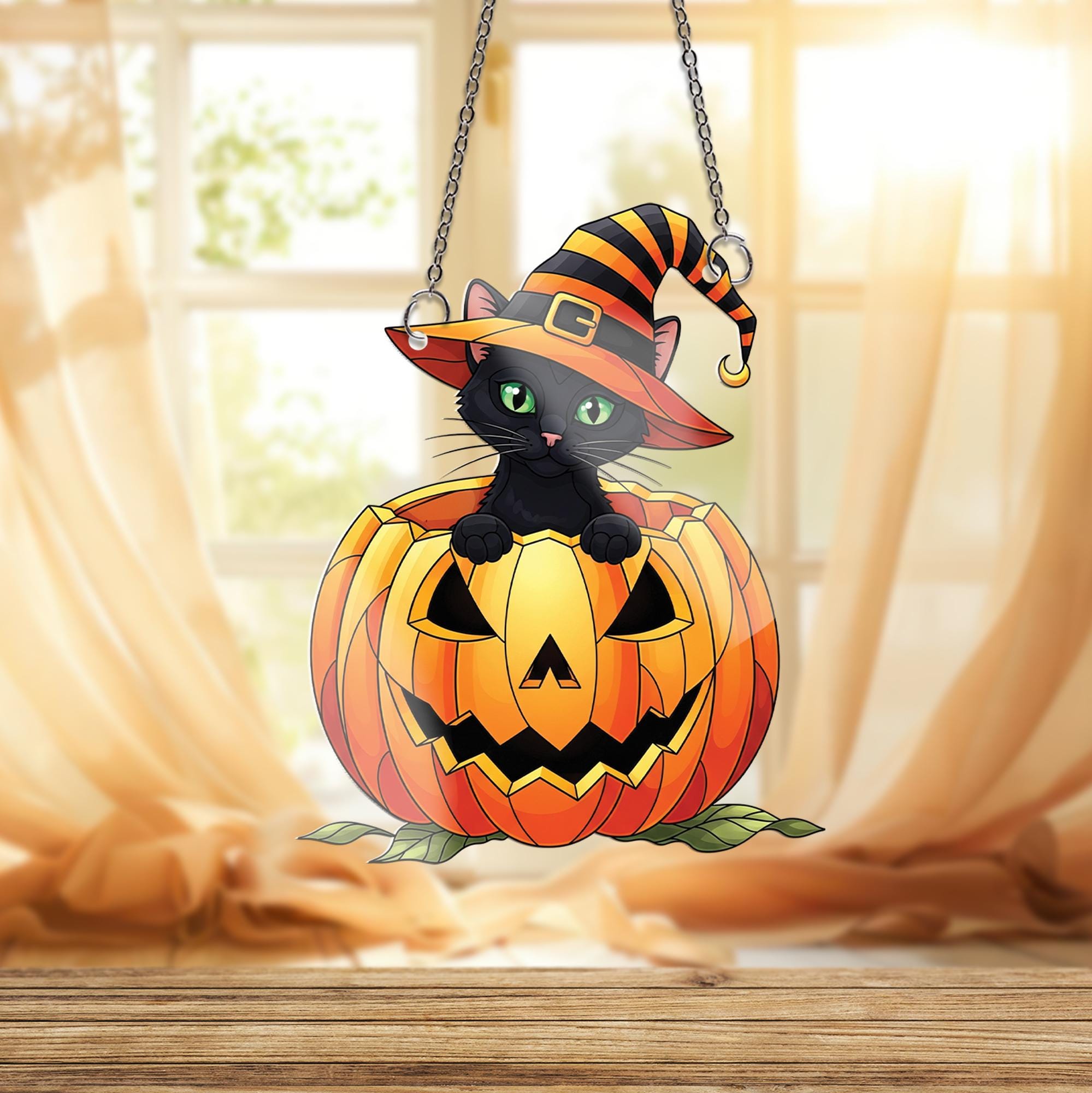 Halloween Cat Ornament , Black Cat in Pumpkin Ornament, Witch Hat Window Hanging, Cute Spooky Fall Home Decor