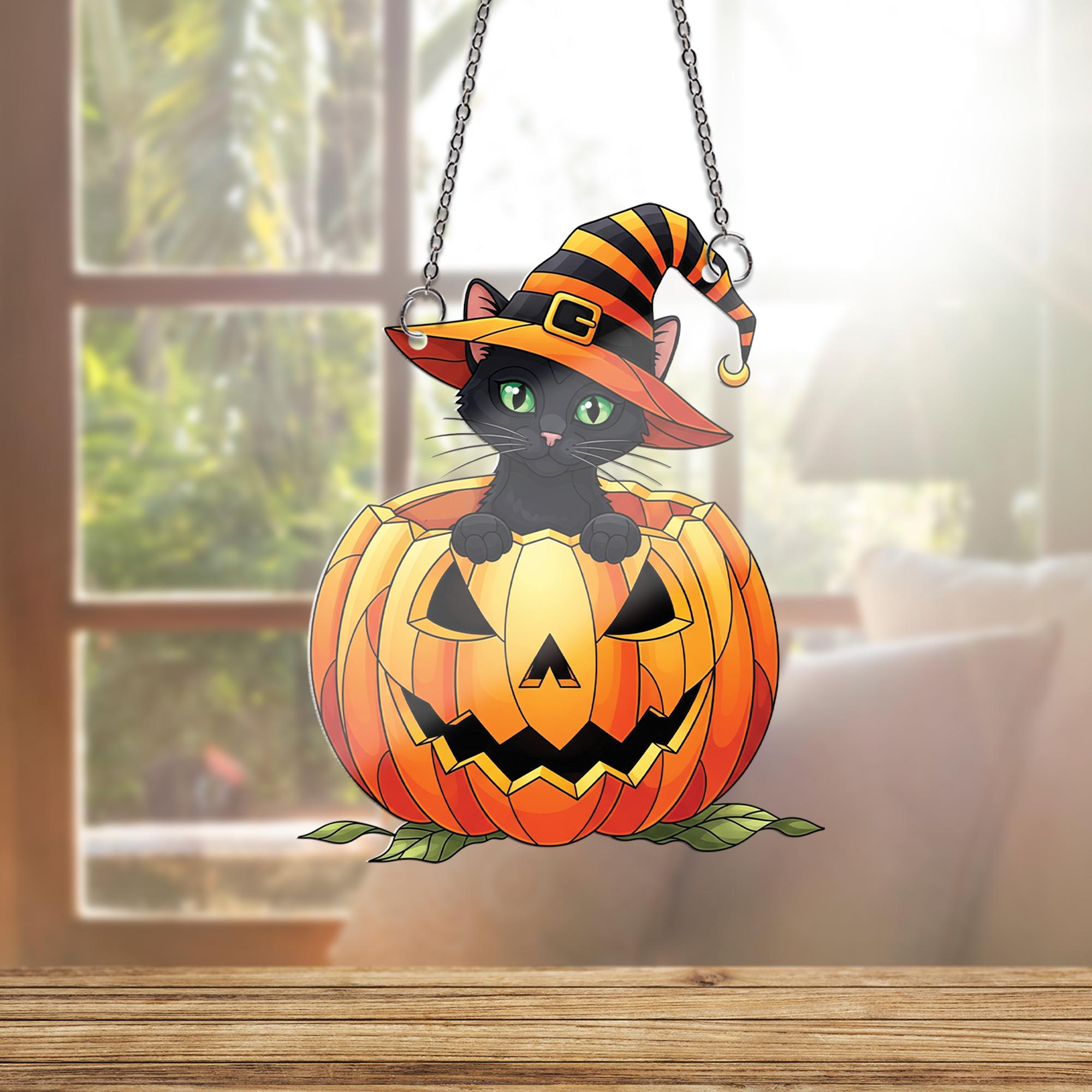 Halloween Cat Ornament , Black Cat in Pumpkin Ornament, Witch Hat Window Hanging, Cute Spooky Fall Home Decor