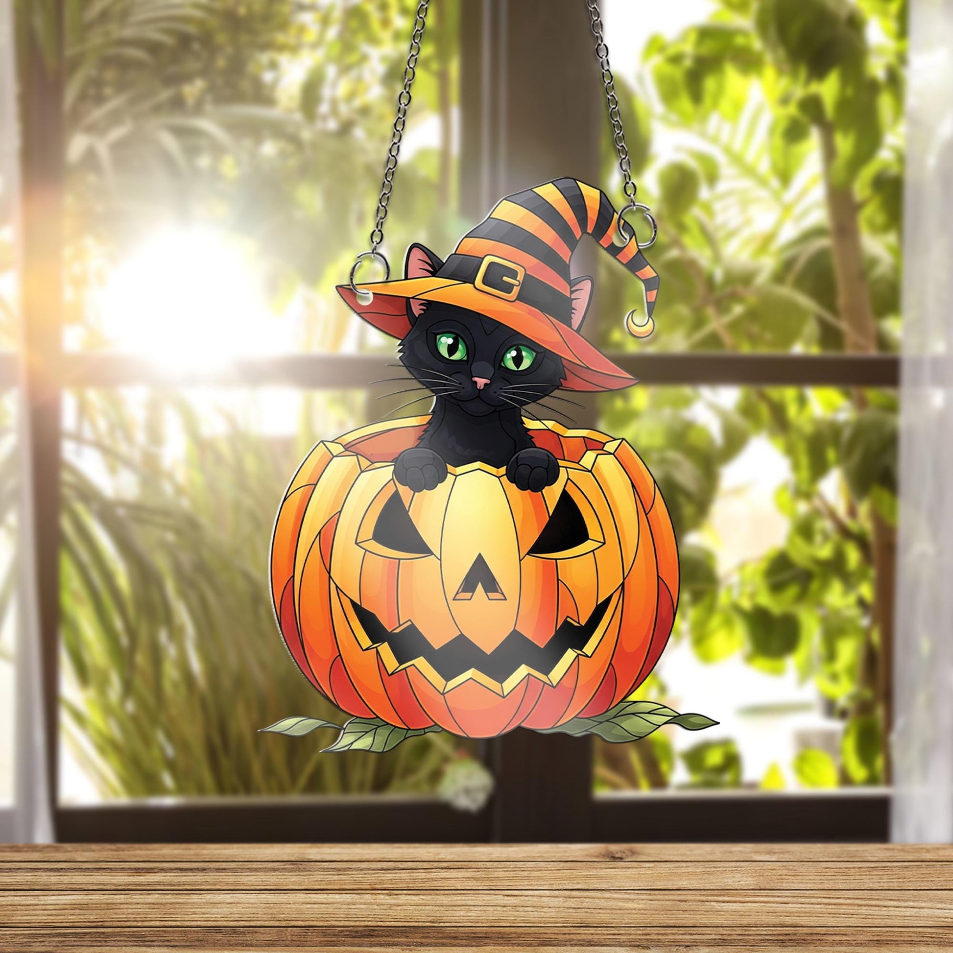 Halloween Cat Ornament , Black Cat in Pumpkin Ornament, Witch Hat Window Hanging, Cute Spooky Fall Home Decor