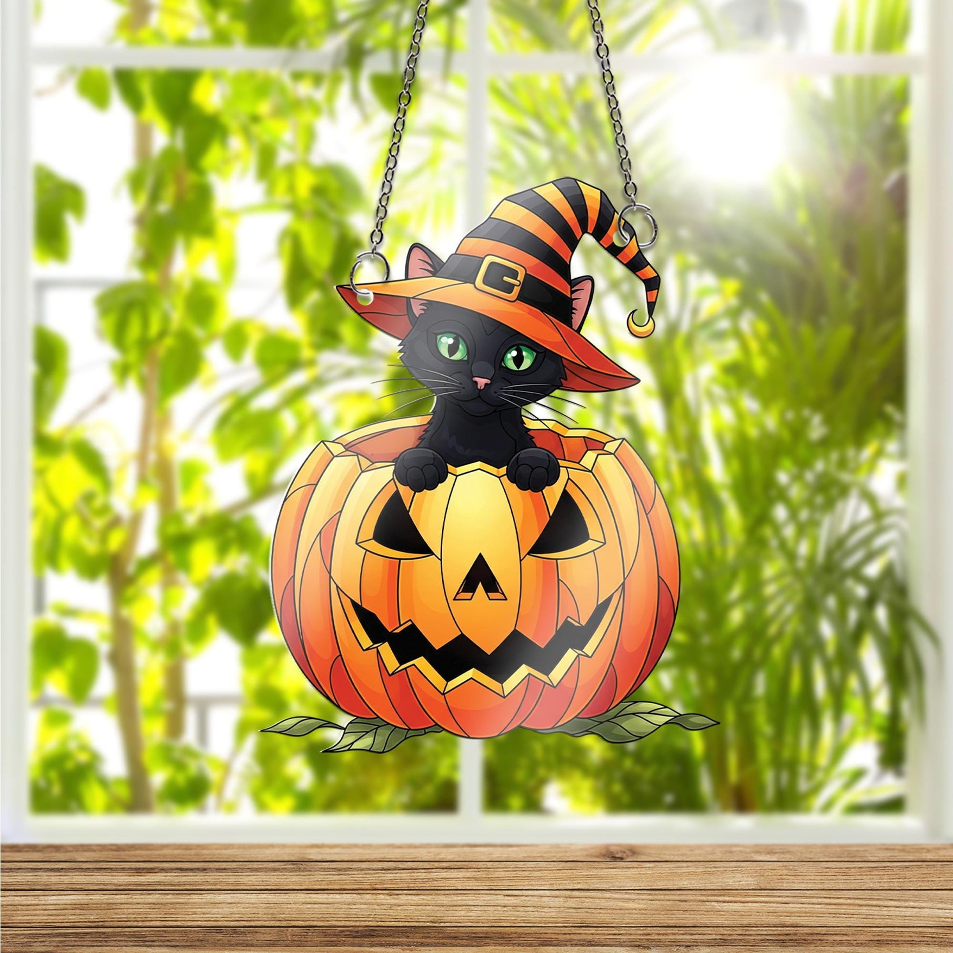 Halloween Cat Ornament , Black Cat in Pumpkin Ornament, Witch Hat Window Hanging, Cute Spooky Fall Home Decor