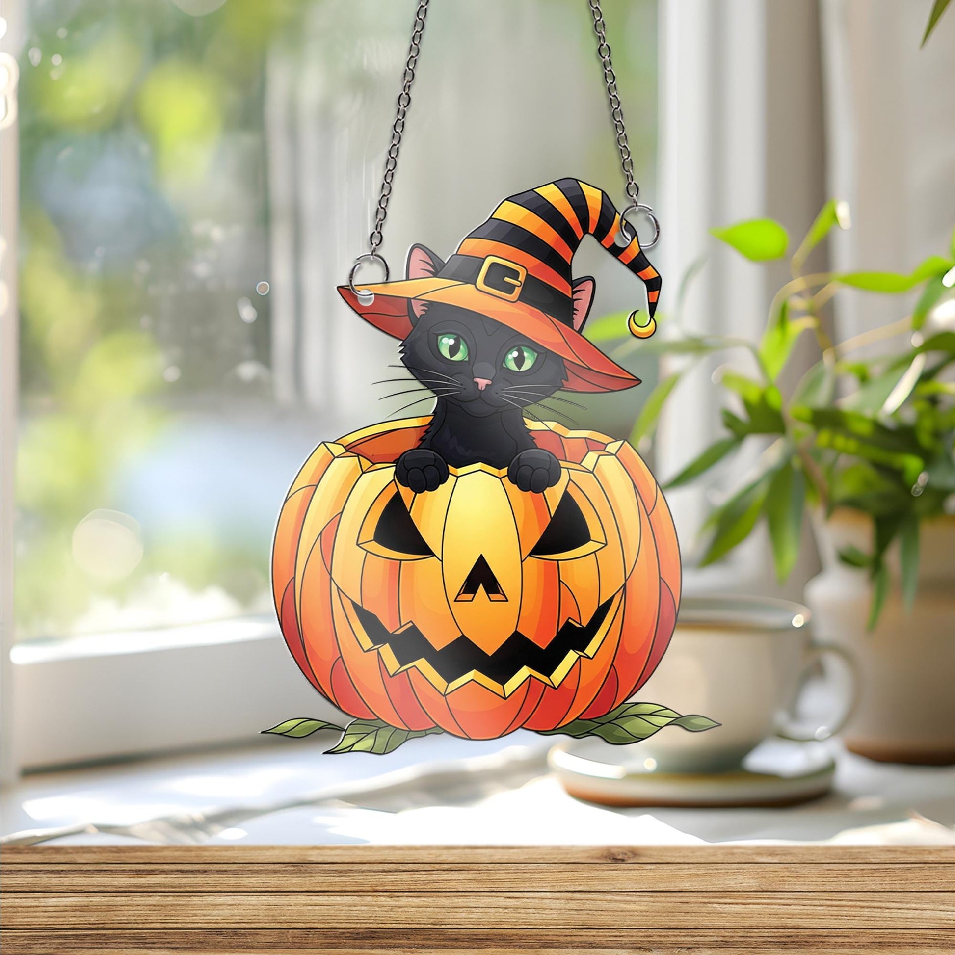 Halloween Cat Ornament , Black Cat in Pumpkin Ornament, Witch Hat Window Hanging, Cute Spooky Fall Home Decor