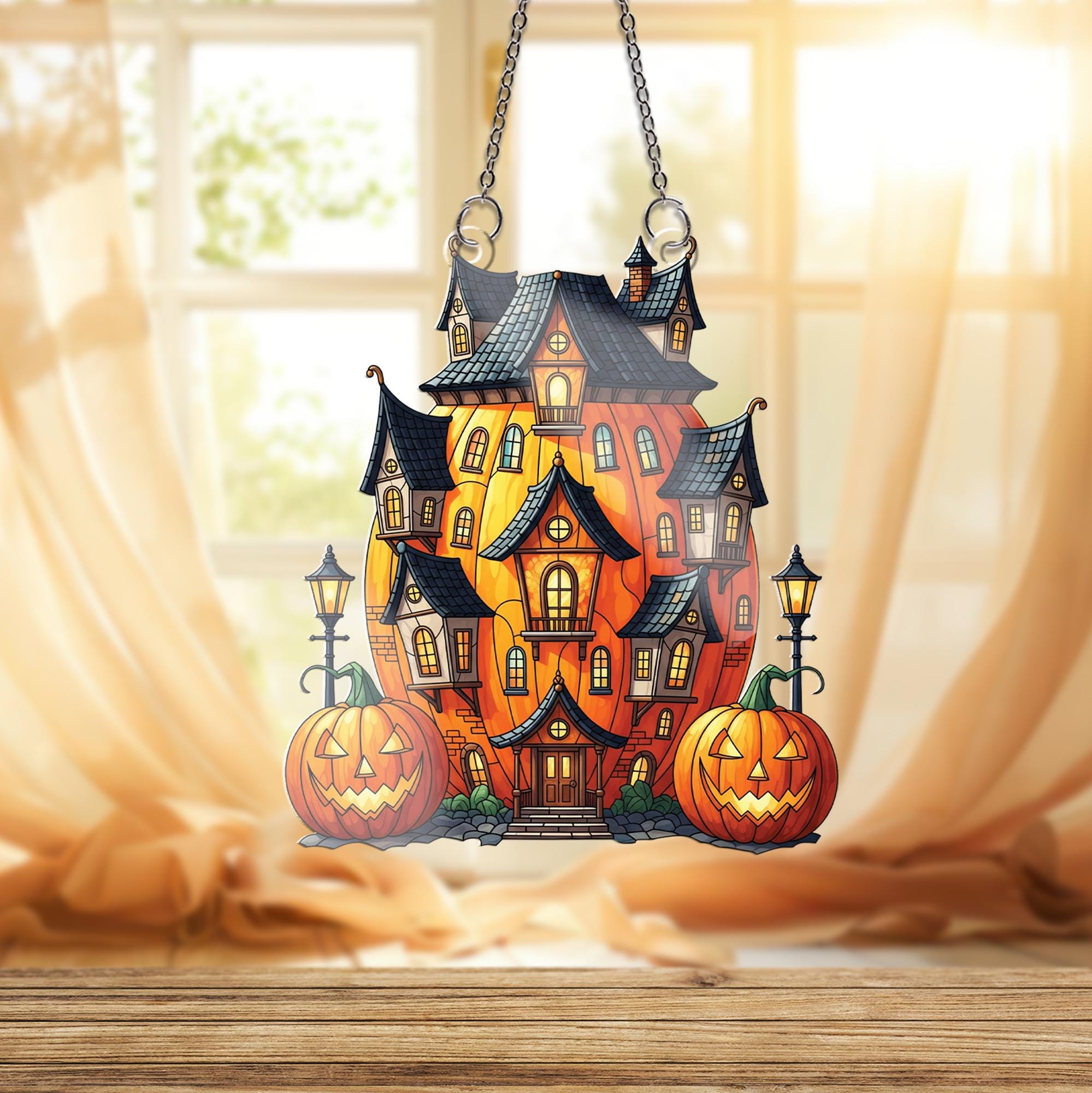Pumpkin Haunted House Ornament , Halloween Window Hanging Decor, Spooky Fall Ornament, Jack-o’-Lantern Home Decoration