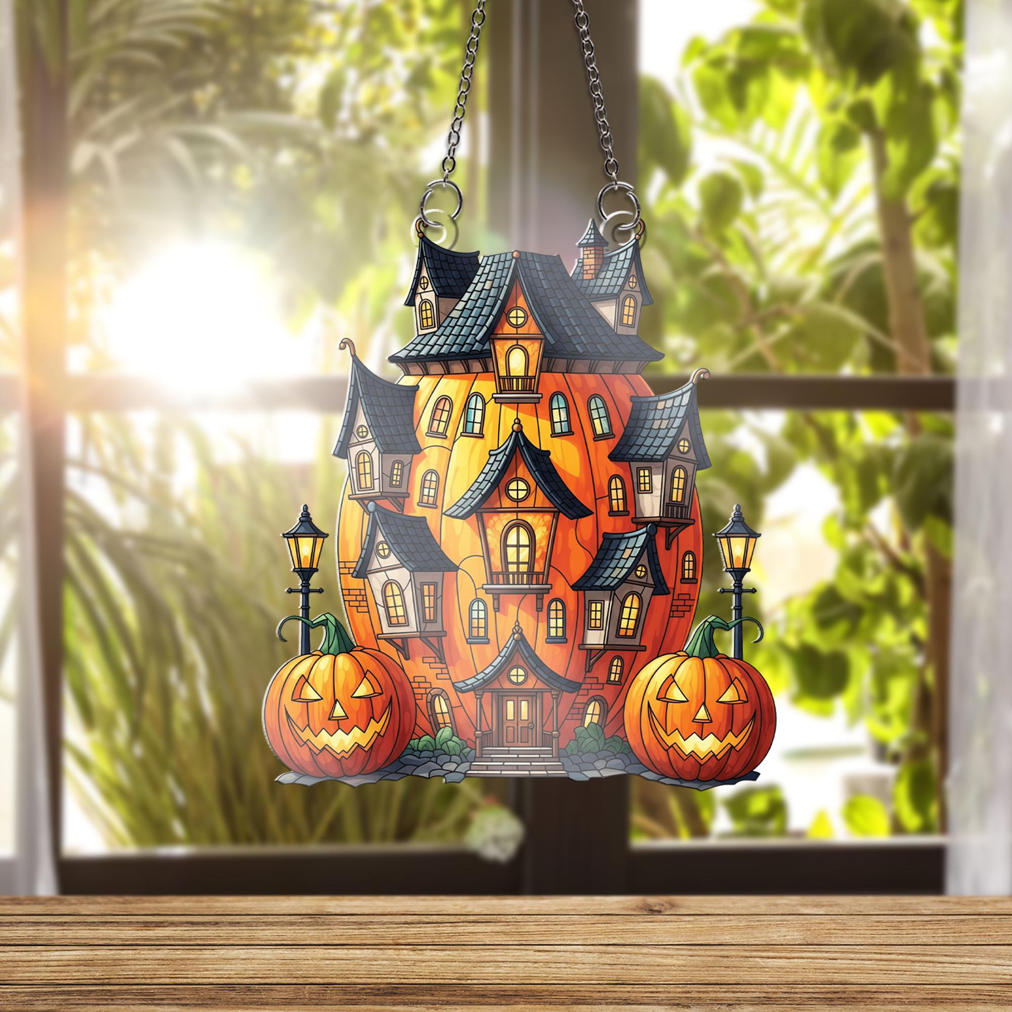 Pumpkin Haunted House Ornament , Halloween Window Hanging Decor, Spooky Fall Ornament, Jack-o’-Lantern Home Decoration