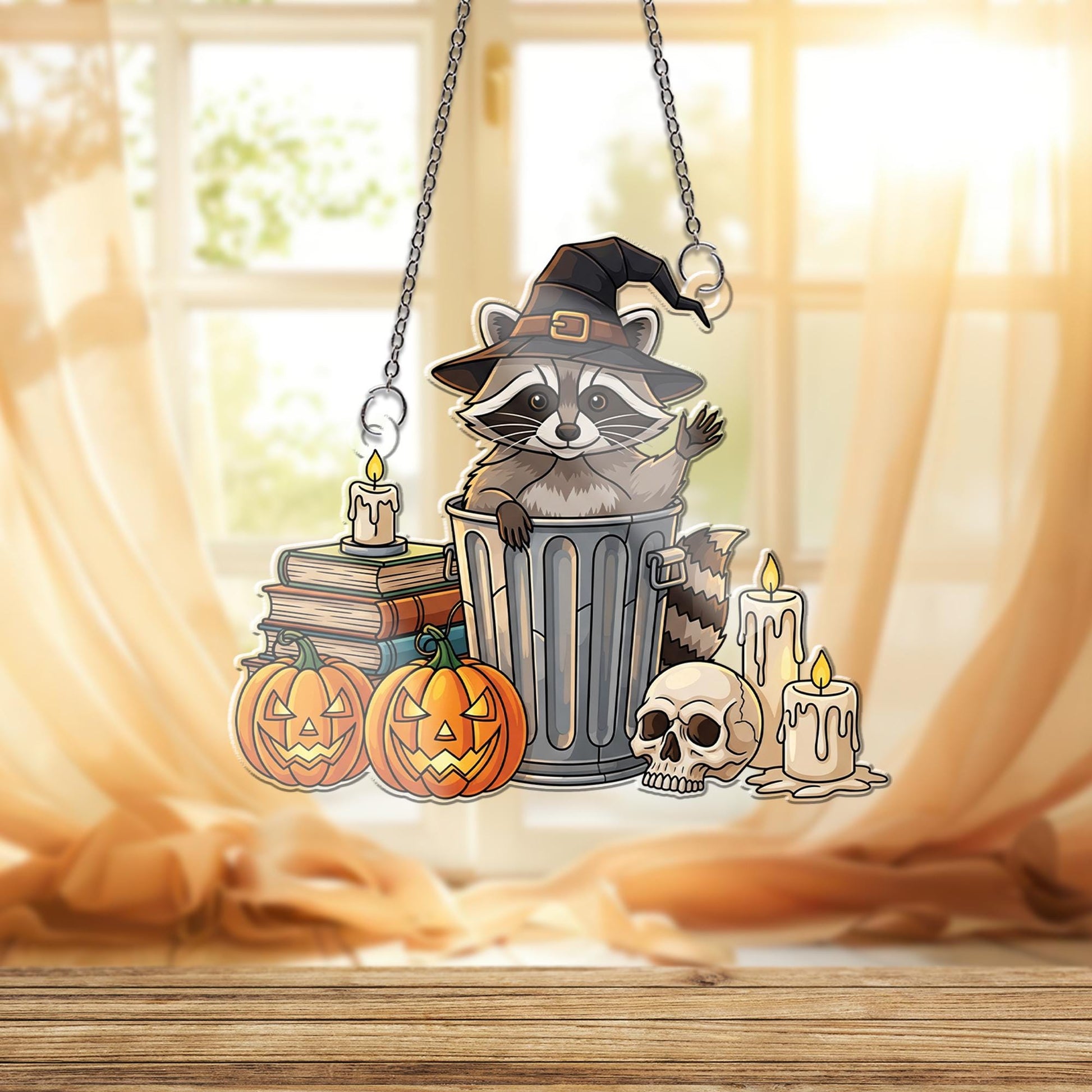 Witch Raccoon Halloween Ornament , Spooky Trash Panda Window Decor, Pumpkin Skull Candle Fall Decoration, Cute Goth Gift