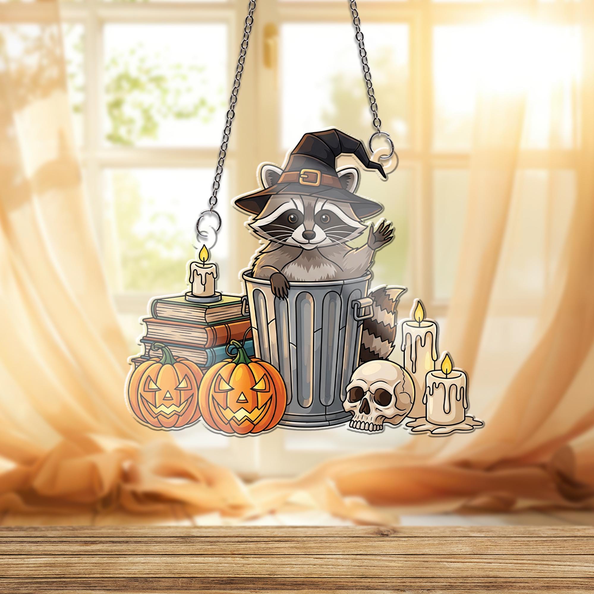 Witch Raccoon Halloween Ornament , Spooky Trash Panda Window Decor, Pumpkin Skull Candle Fall Decoration, Cute Goth Gift