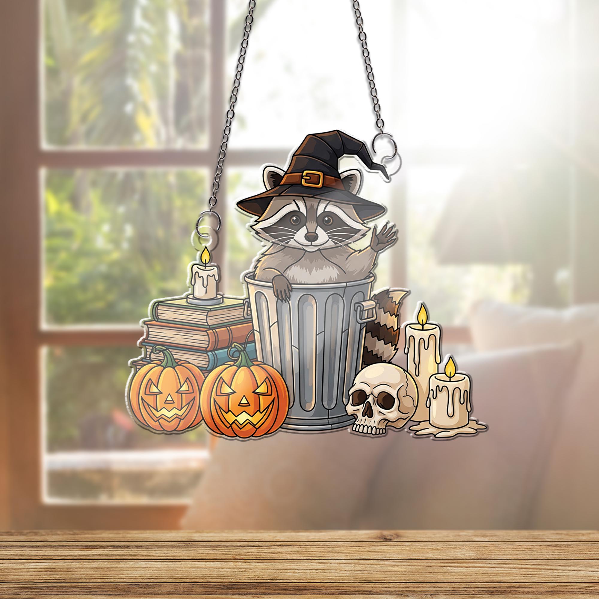 Witch Raccoon Halloween Ornament , Spooky Trash Panda Window Decor, Pumpkin Skull Candle Fall Decoration, Cute Goth Gift