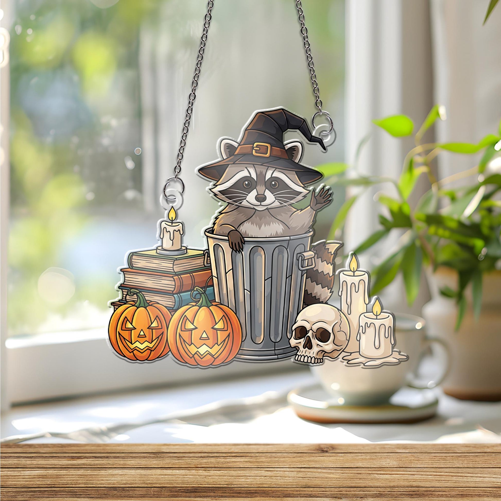 Witch Raccoon Halloween Ornament , Spooky Trash Panda Window Decor, Pumpkin Skull Candle Fall Decoration, Cute Goth Gift