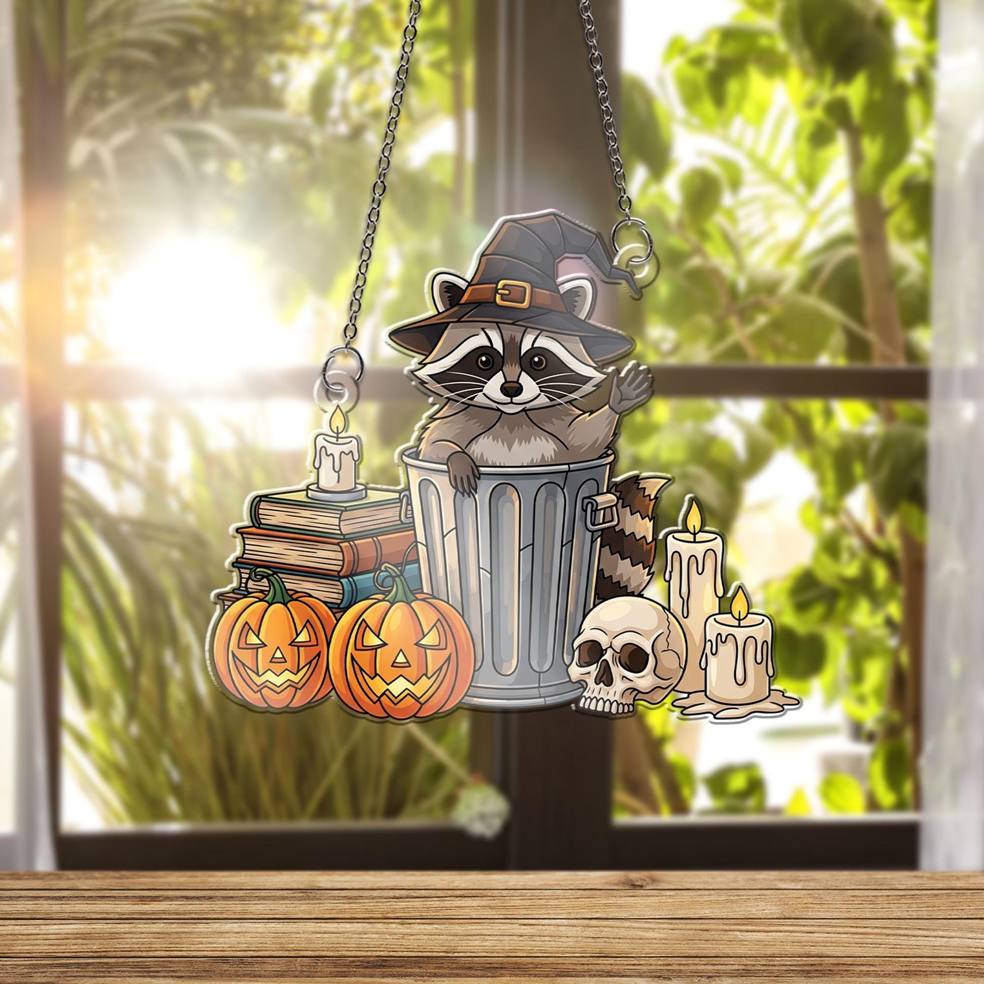 Witch Raccoon Halloween Ornament , Spooky Trash Panda Window Decor, Pumpkin Skull Candle Fall Decoration, Cute Goth Gift