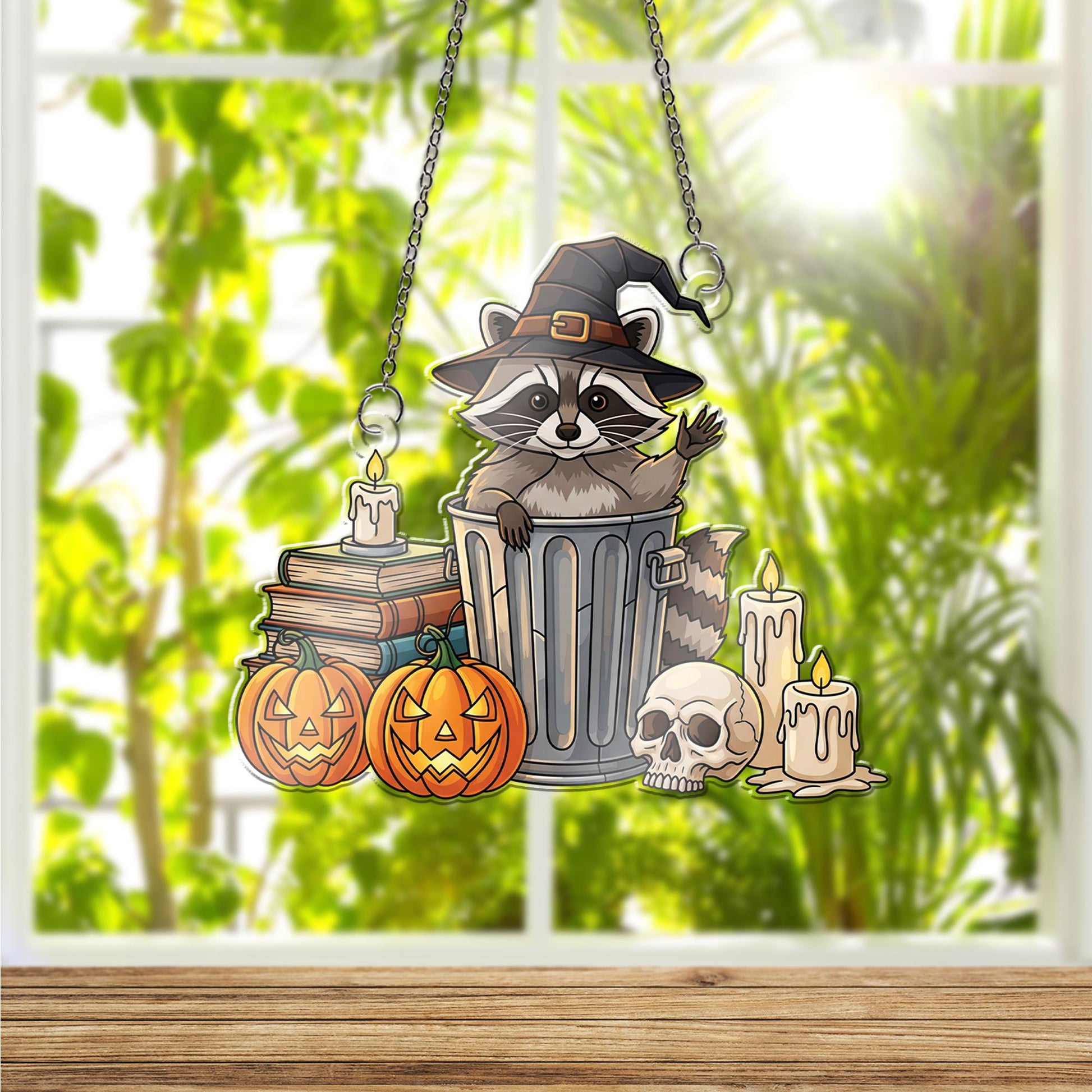 Witch Raccoon Halloween Ornament , Spooky Trash Panda Window Decor, Pumpkin Skull Candle Fall Decoration, Cute Goth Gift