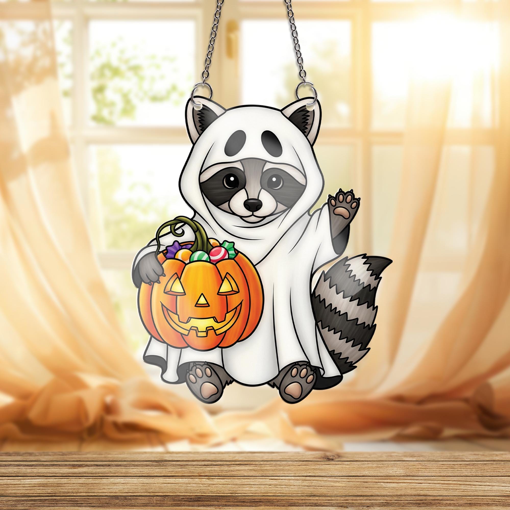Ghost Raccoon Halloween Ornament , Trick or Treat Candy Pumpkin Window Decor, Cute Fall Animal Ornament, Spooky Gift