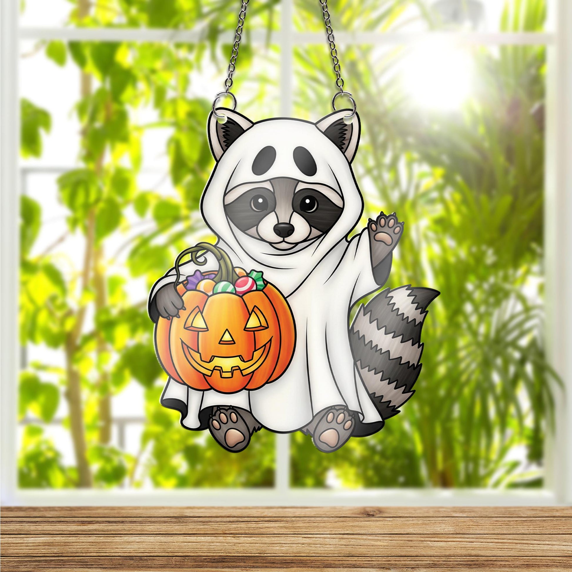 Ghost Raccoon Halloween Ornament , Trick or Treat Candy Pumpkin Window Decor, Cute Fall Animal Ornament, Spooky Gift