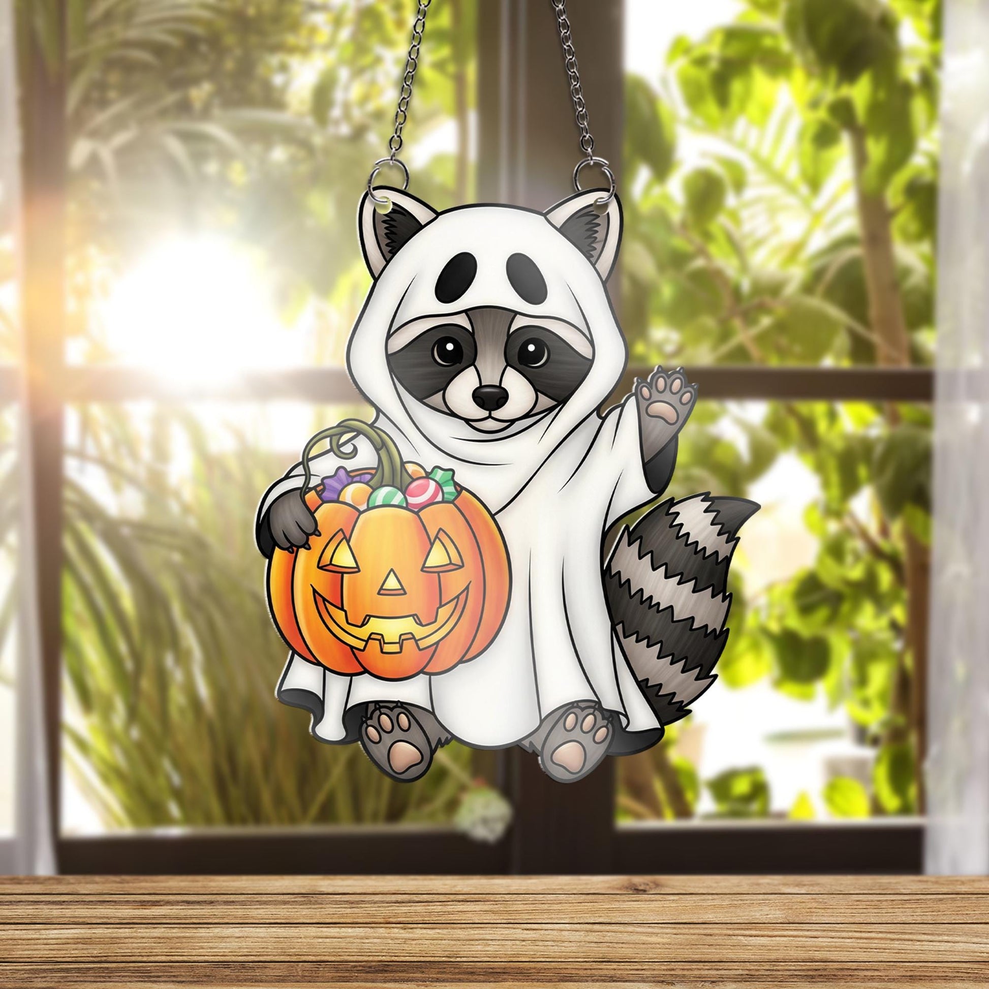 Ghost Raccoon Halloween Ornament , Trick or Treat Candy Pumpkin Window Decor, Cute Fall Animal Ornament, Spooky Gift