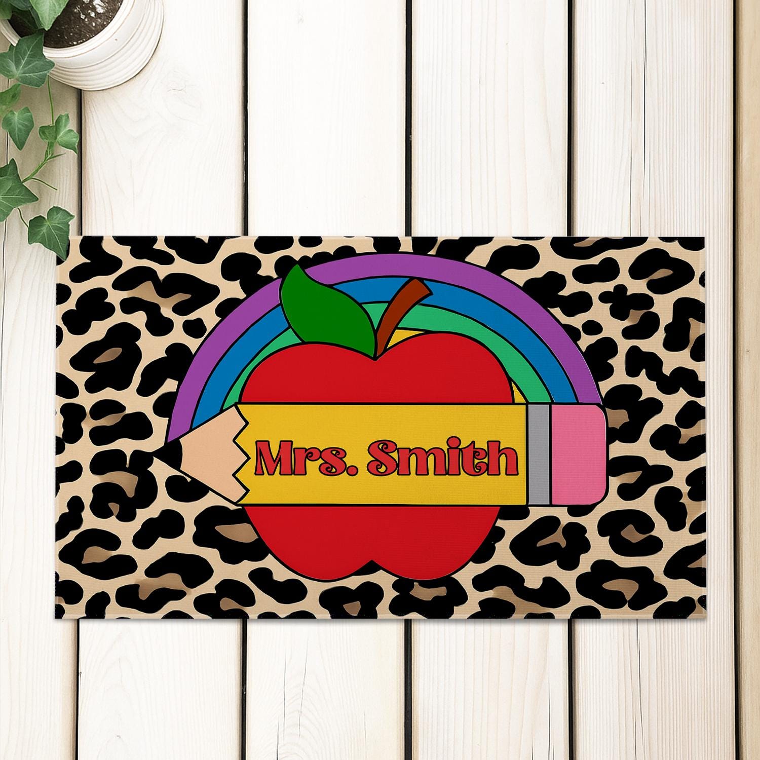 Leopard Print Teacher Doormat, Personalized Classroom Rug with Rainbow, Apple, Pencil, Custom Name Mat for Teacher, Educators, School Staffs