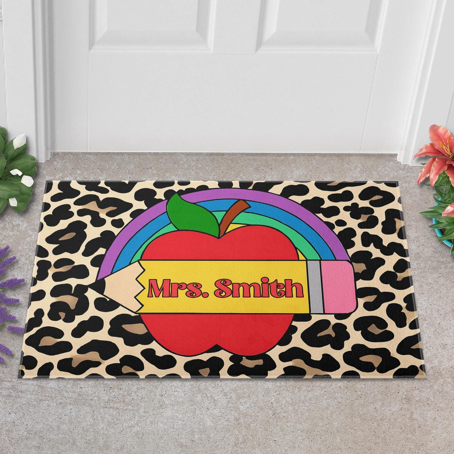 Leopard Print Teacher Doormat, Personalized Classroom Rug with Rainbow, Apple, Pencil, Custom Name Mat for Teacher, Educators, School Staffs