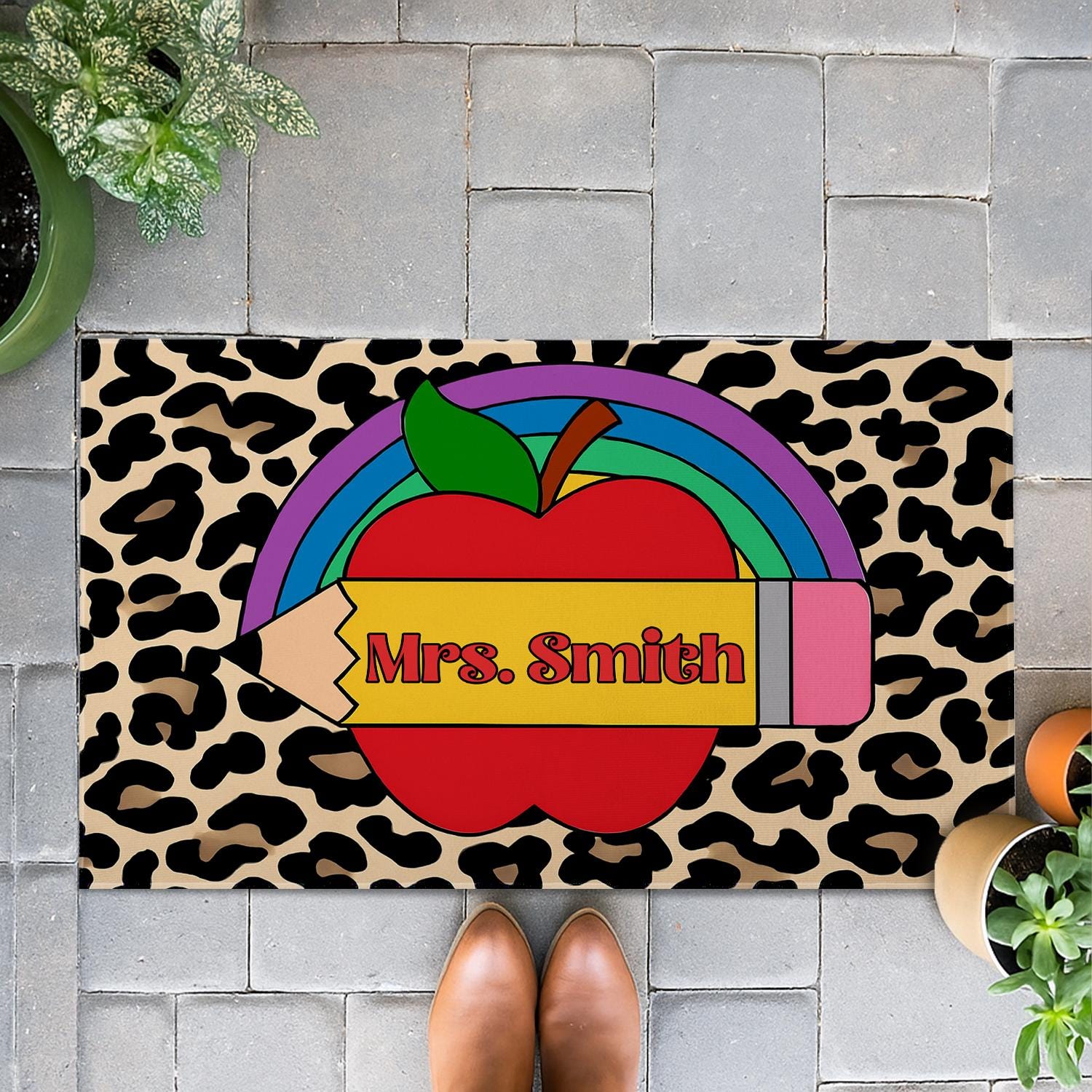 Leopard Print Teacher Doormat, Personalized Classroom Rug with Rainbow, Apple, Pencil, Custom Name Mat for Teacher, Educators, School Staffs