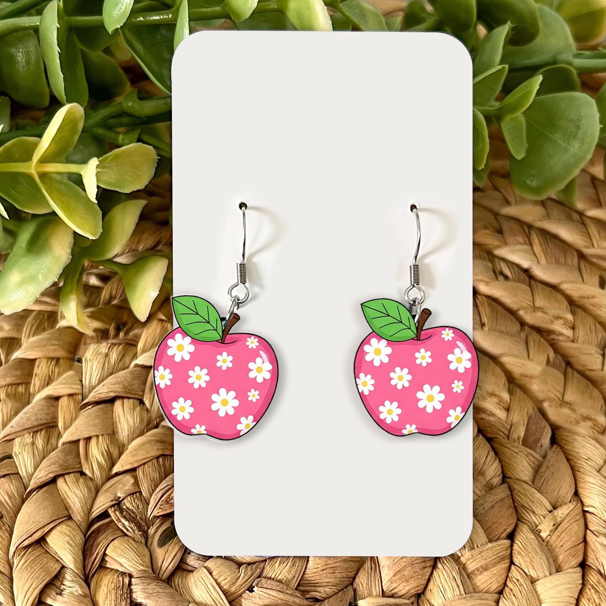 Floral Apple Earrings, Teacher Back to School Gift, Cute Classroom Jewelry, Daisy Apple Dangles, Fun Teacher Accessories