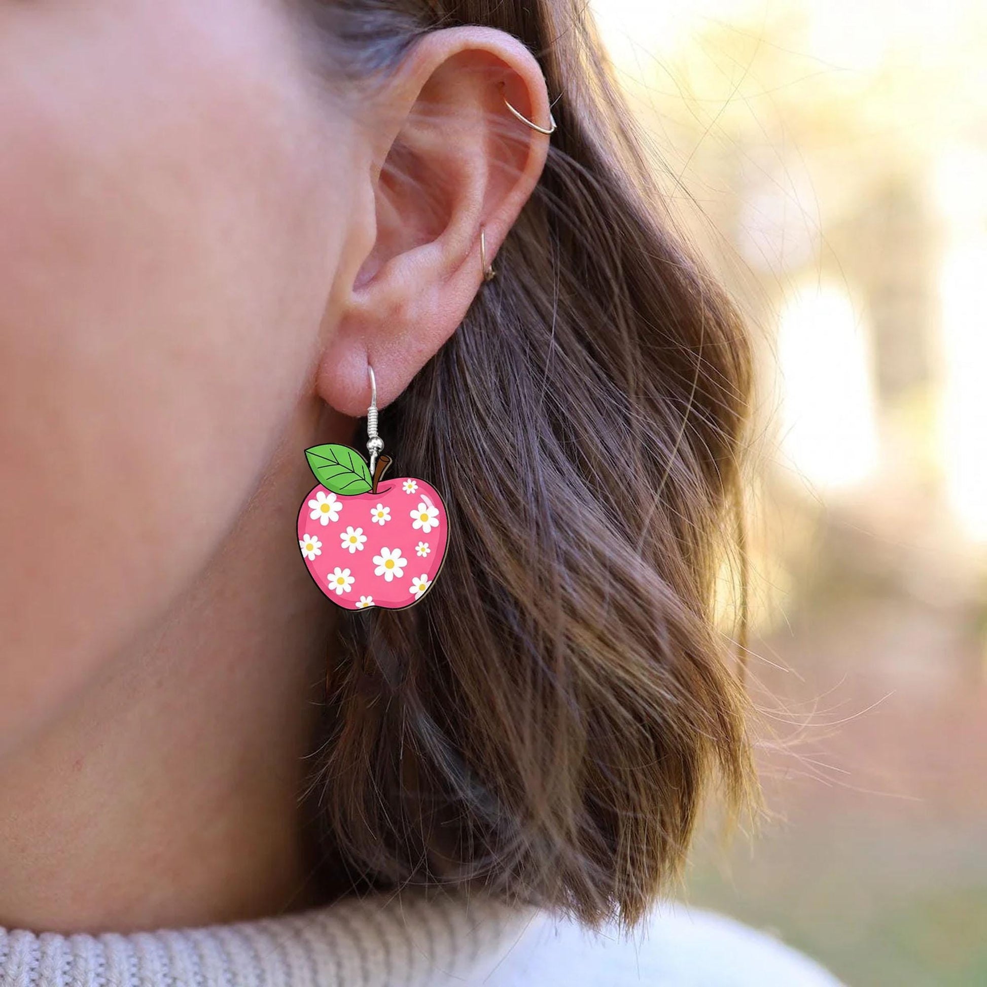 Floral Apple Earrings, Teacher Back to School Gift, Cute Classroom Jewelry, Daisy Apple Dangles, Fun Teacher Accessories