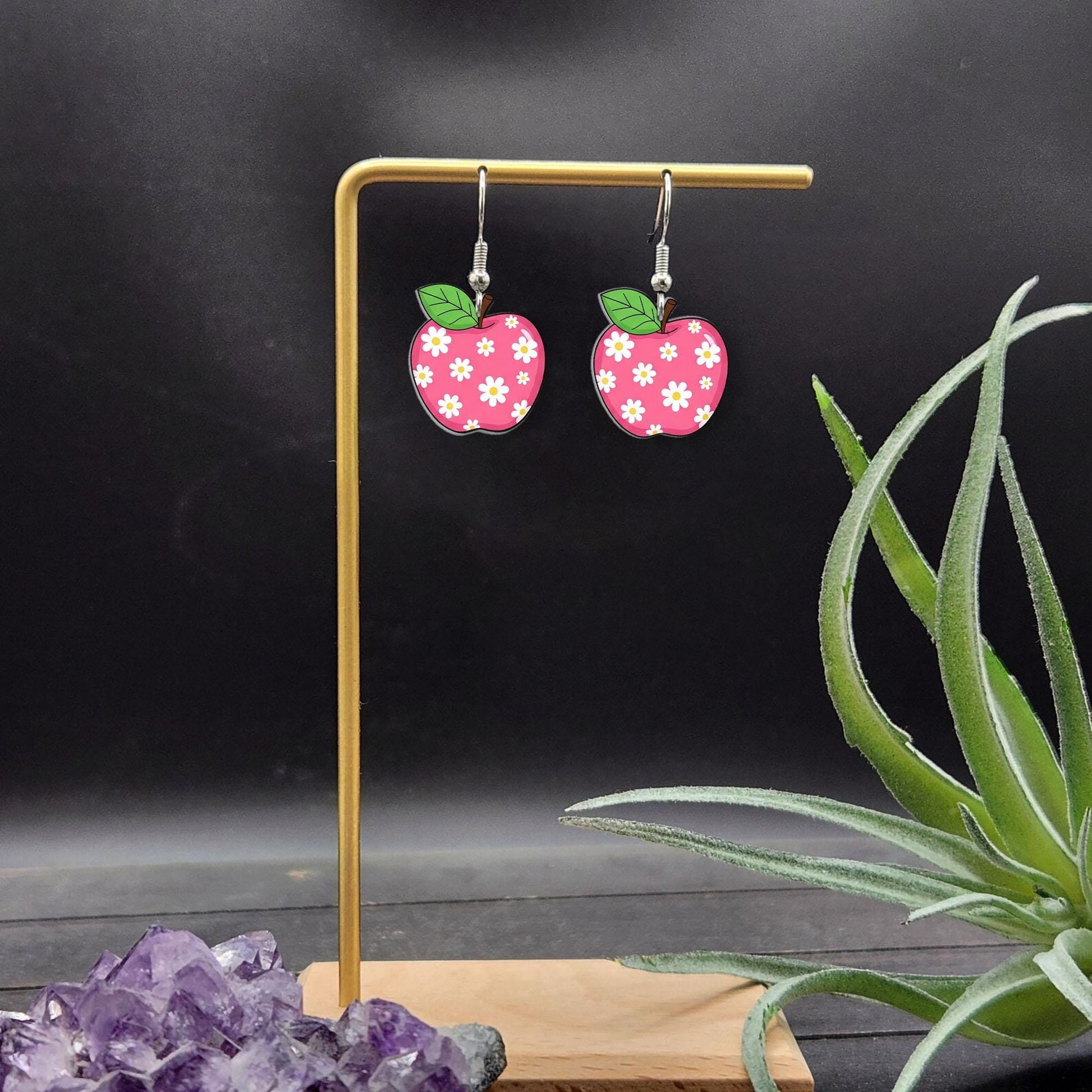 Floral Apple Earrings, Teacher Back to School Gift, Cute Classroom Jewelry, Daisy Apple Dangles, Fun Teacher Accessories