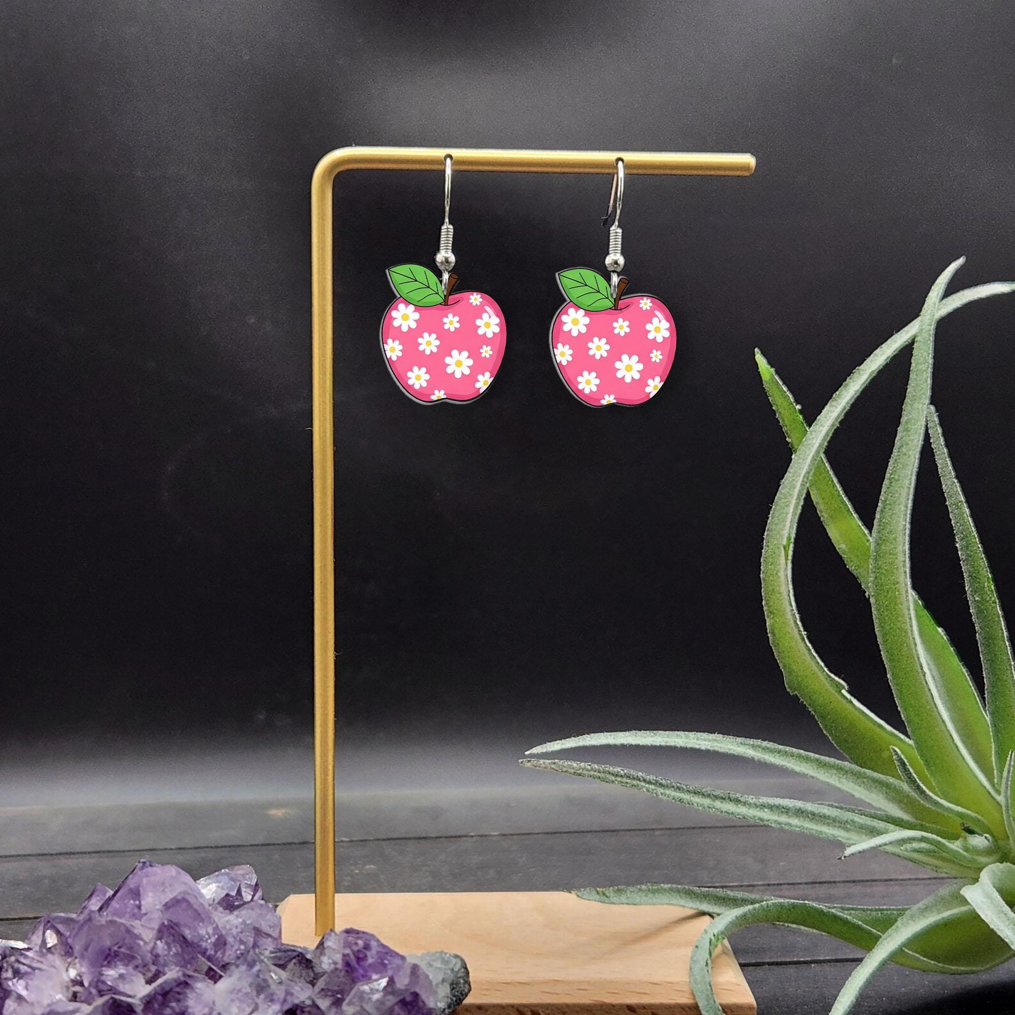 Floral Apple Earrings, Teacher Back to School Gift, Cute Classroom Jewelry, Daisy Apple Dangles, Fun Teacher Accessories