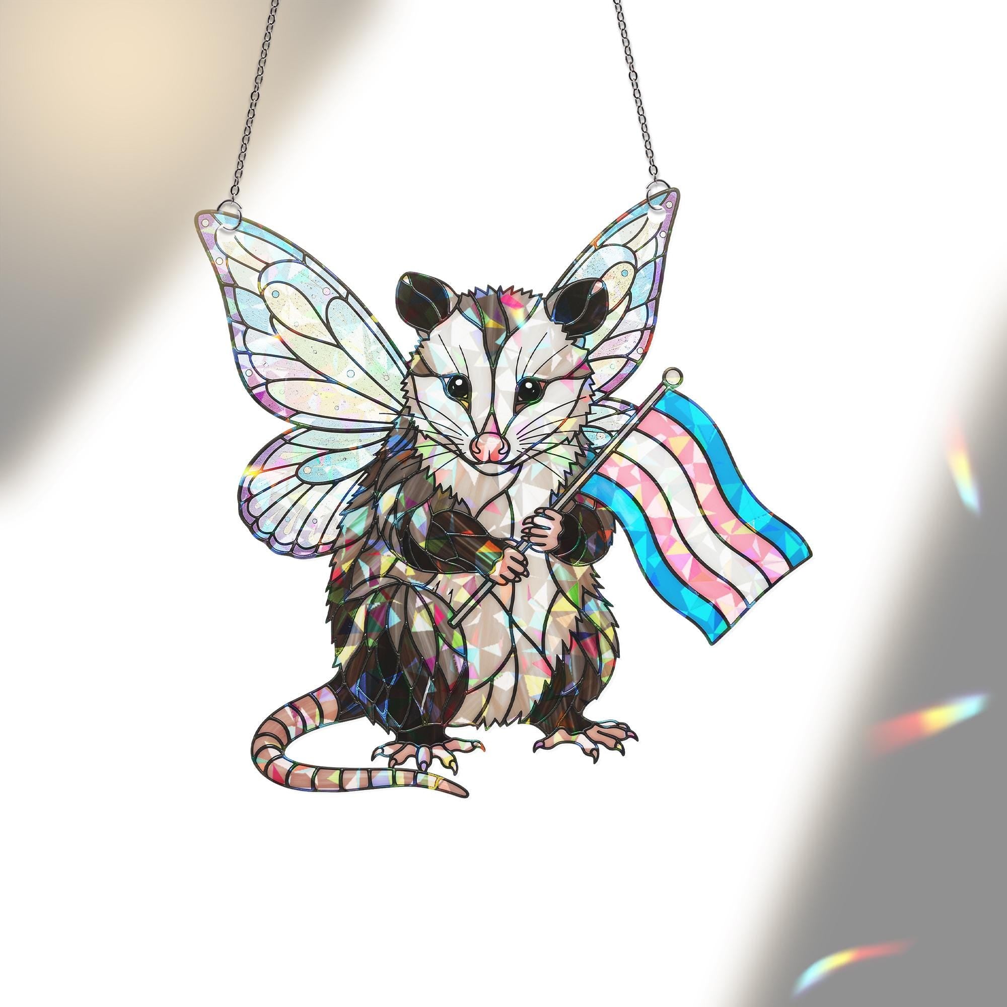 Trans Pride Opossum Acrylic Window hanging – Holographic Fairy Animal Window Hanging, LGBTQ+ Acrylic Decor Gift