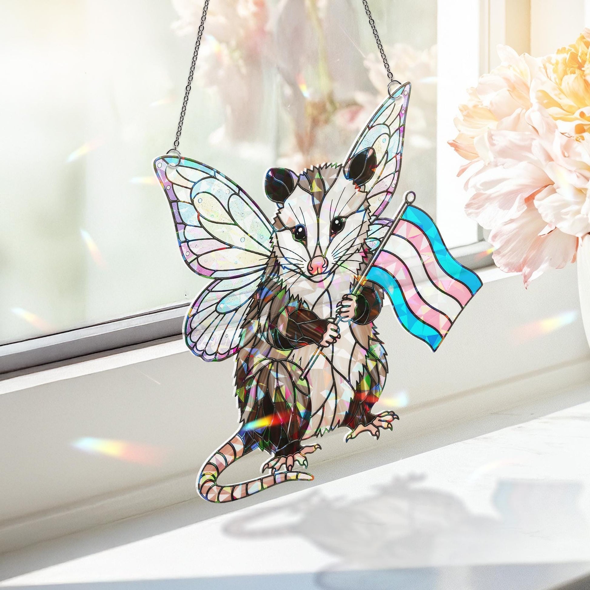 Trans Pride Opossum Acrylic Window hanging – Holographic Fairy Animal Window Hanging, LGBTQ+ Acrylic Decor Gift