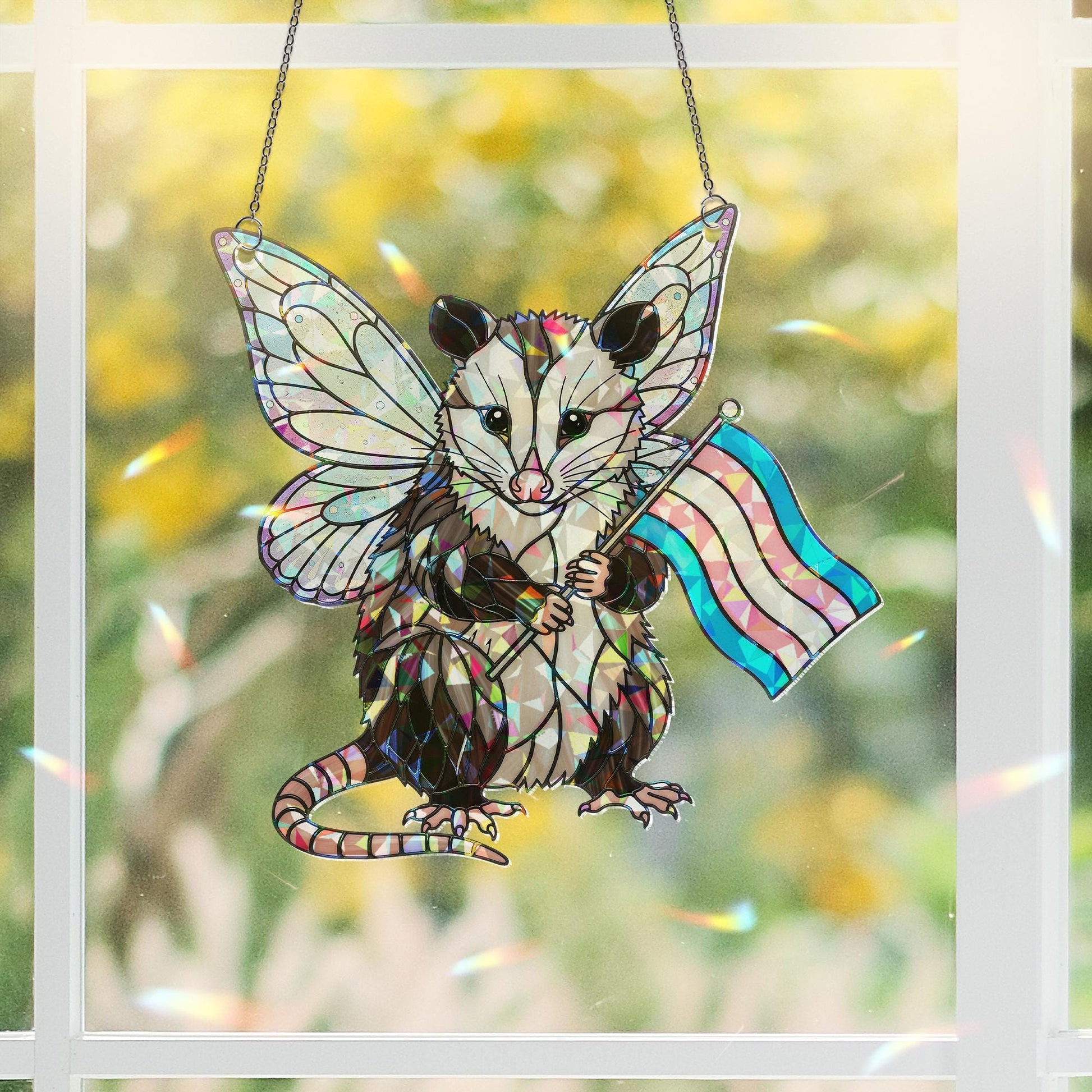 Trans Pride Opossum Acrylic Window hanging – Holographic Fairy Animal Window Hanging, LGBTQ+ Acrylic Decor Gift