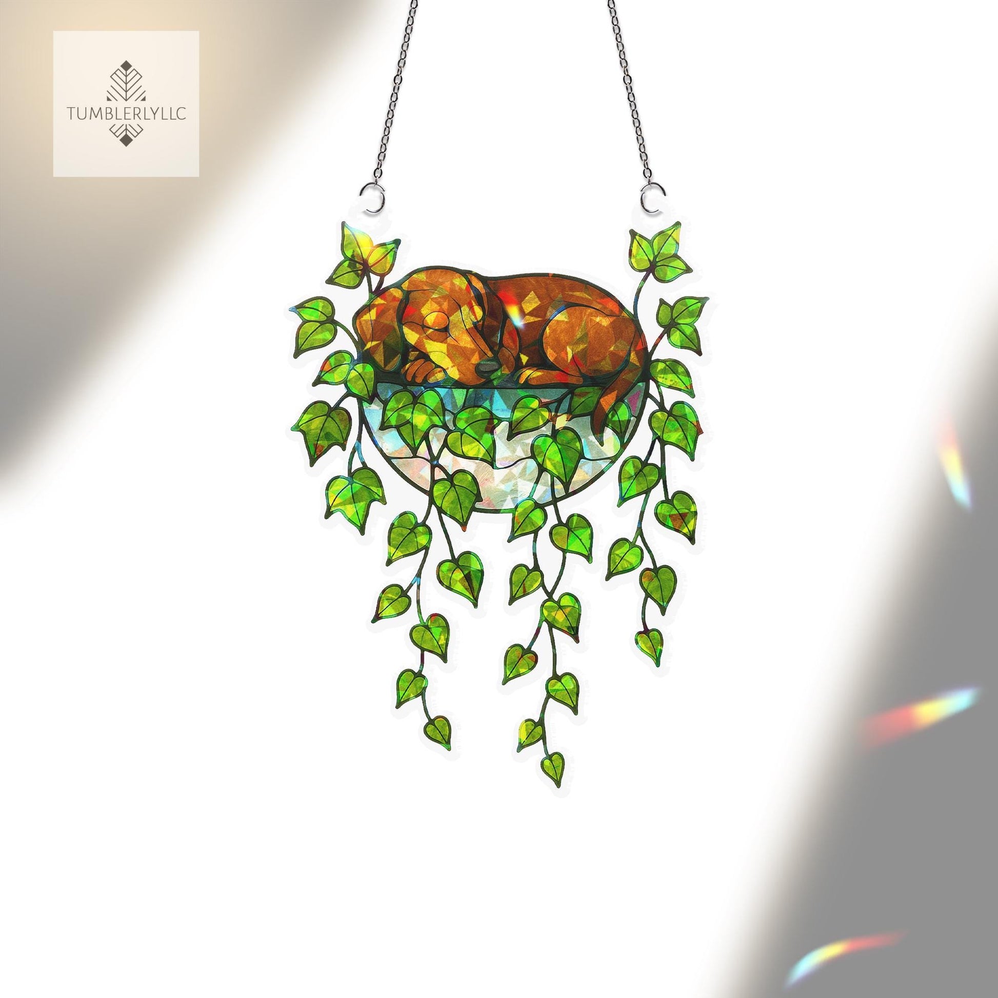 Dachshund Ivy Pot Suncatcher – Holographic Acrylic Window Decor, Wiener Dog Plant Lover Gift, Cute Dog Sunlight Catcher Ornament