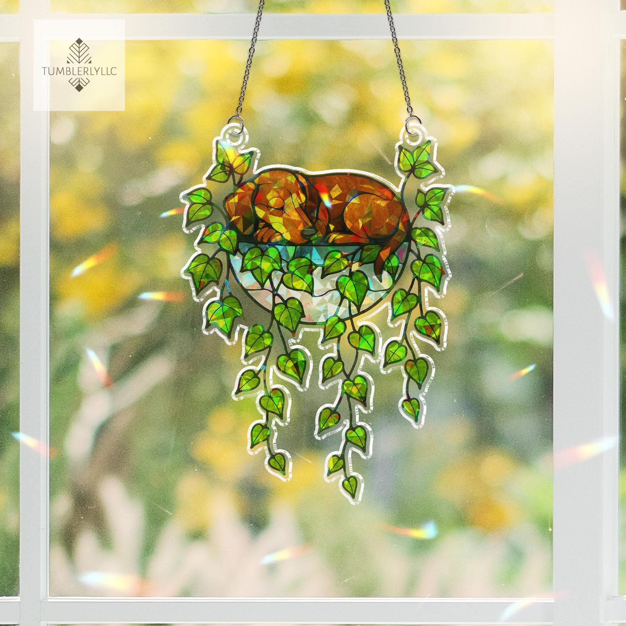 Dachshund Ivy Pot Suncatcher – Holographic Acrylic Window Decor, Wiener Dog Plant Lover Gift, Cute Dog Sunlight Catcher Ornament