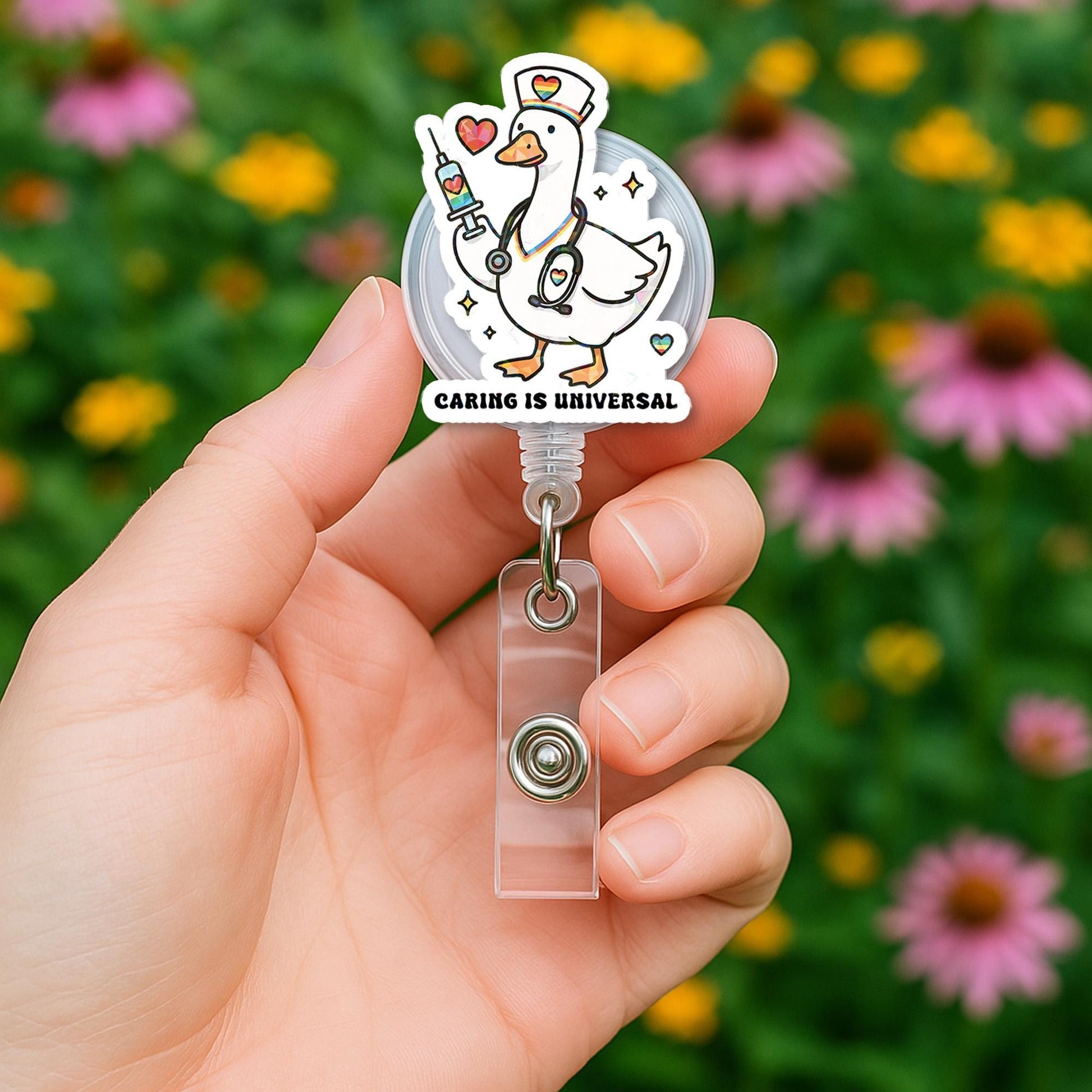 Caring is Universal Goose Badge Reel | LGBTQ+ Nurse ID Holder | Pride Month Clip | Cute Rainbow Duck Badge | Inclusive Pride Gift