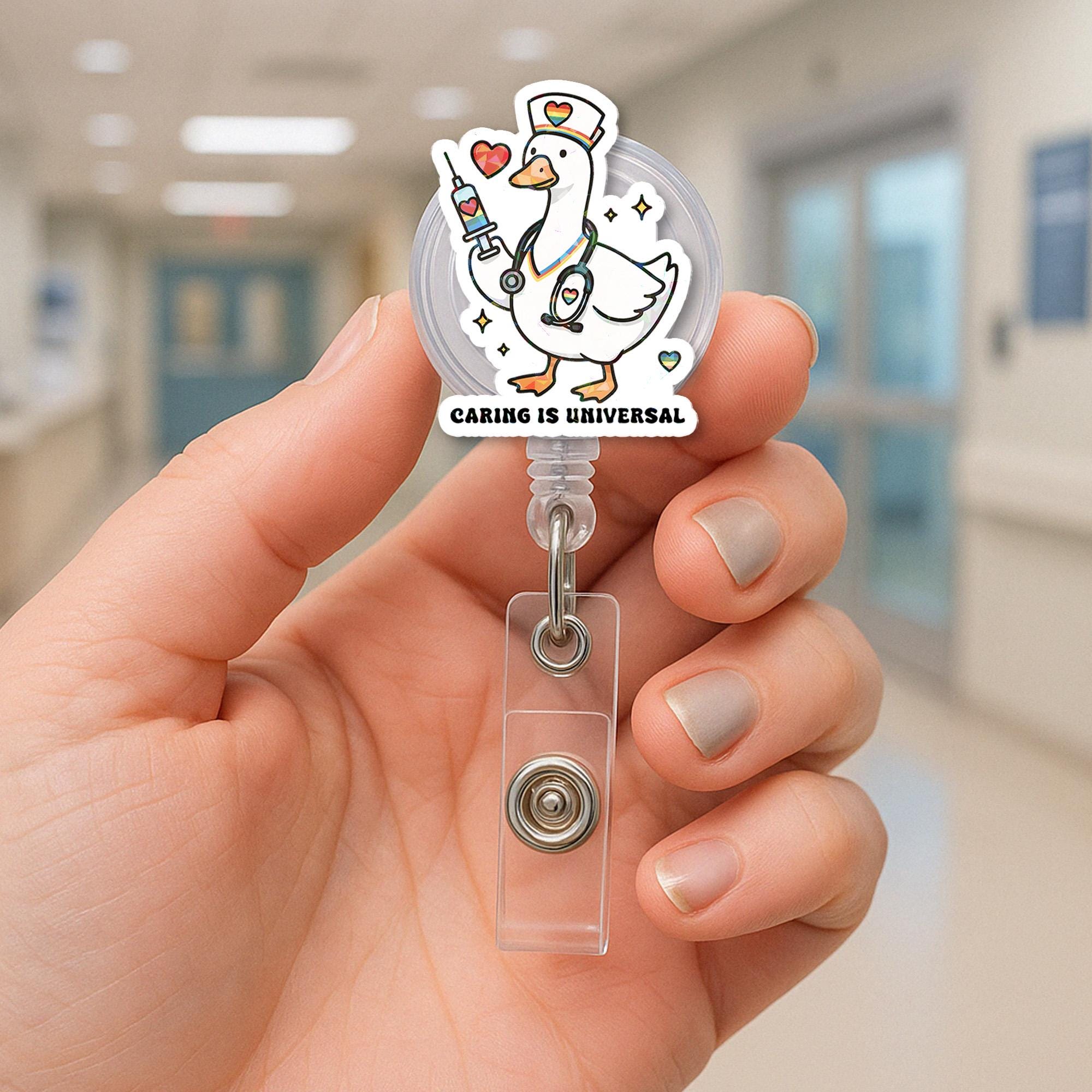 Caring is Universal Goose Badge Reel | LGBTQ+ Nurse ID Holder | Pride Month Clip | Cute Rainbow Duck Badge | Inclusive Pride Gift