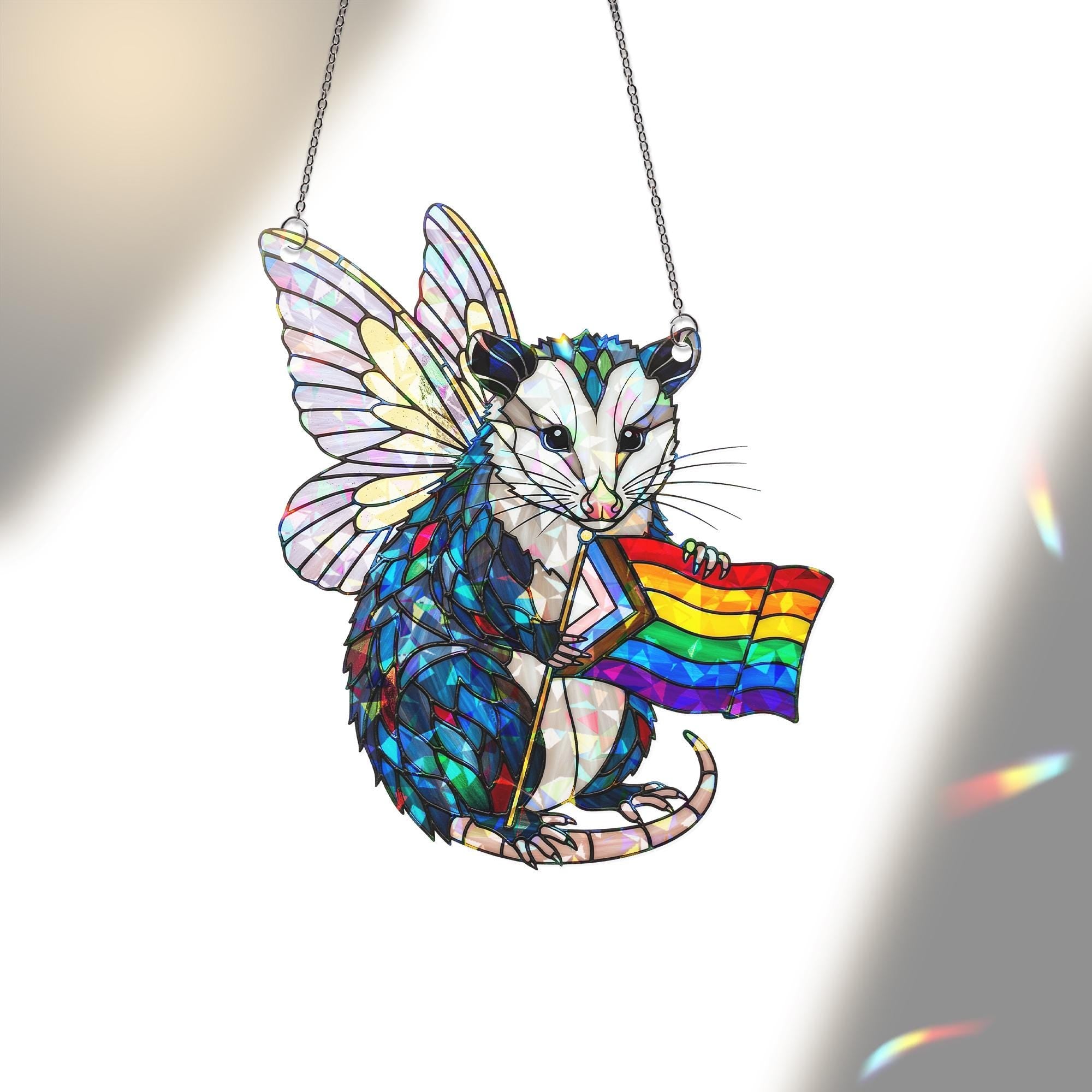 Rainbow Opossum Fairy Acrylic Window hanging – Holographic Acrylic LGBTQ+ Window Hanging, Pride Animal Decor Gift