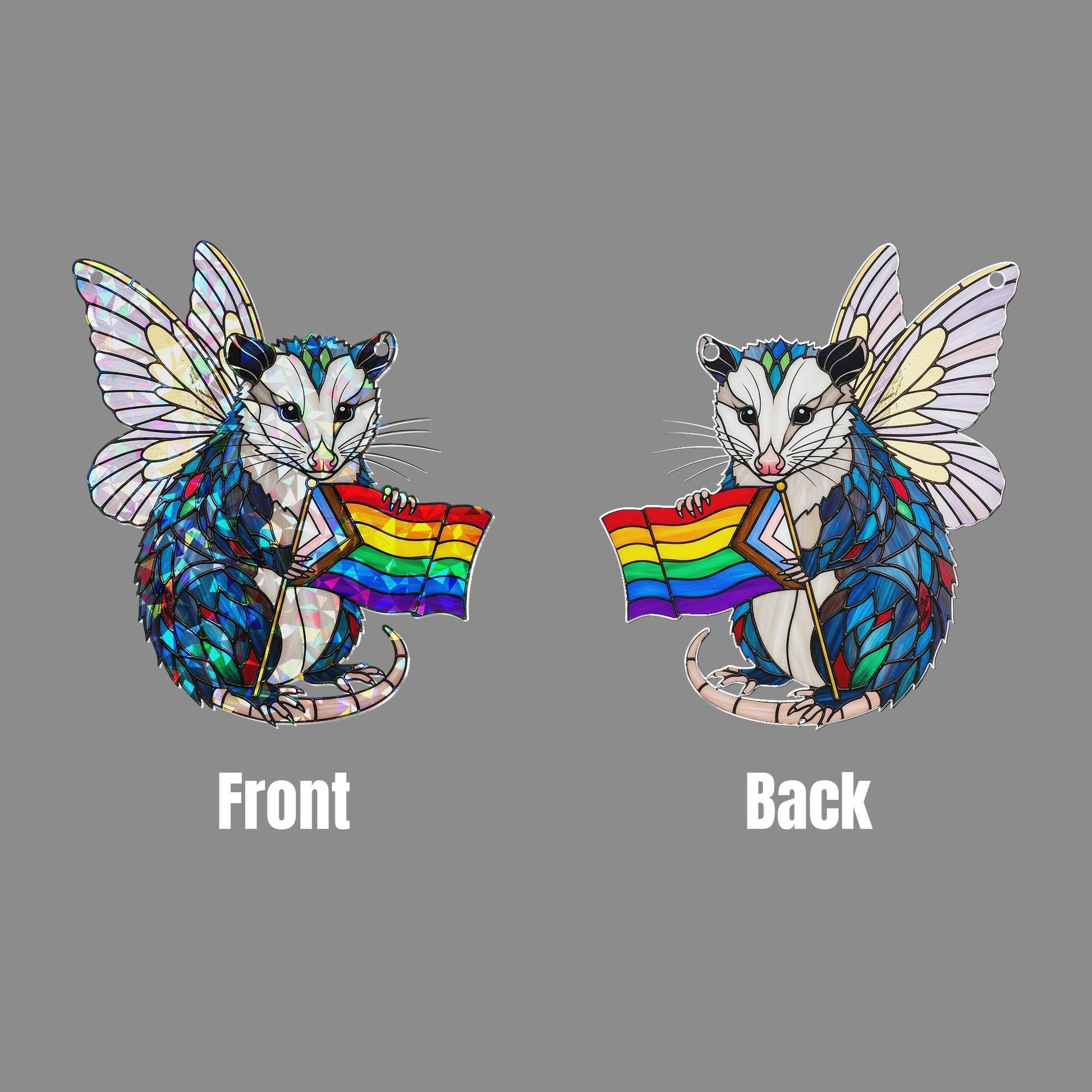 Rainbow Opossum Fairy Acrylic Window hanging – Holographic Acrylic LGBTQ+ Window Hanging, Pride Animal Decor Gift