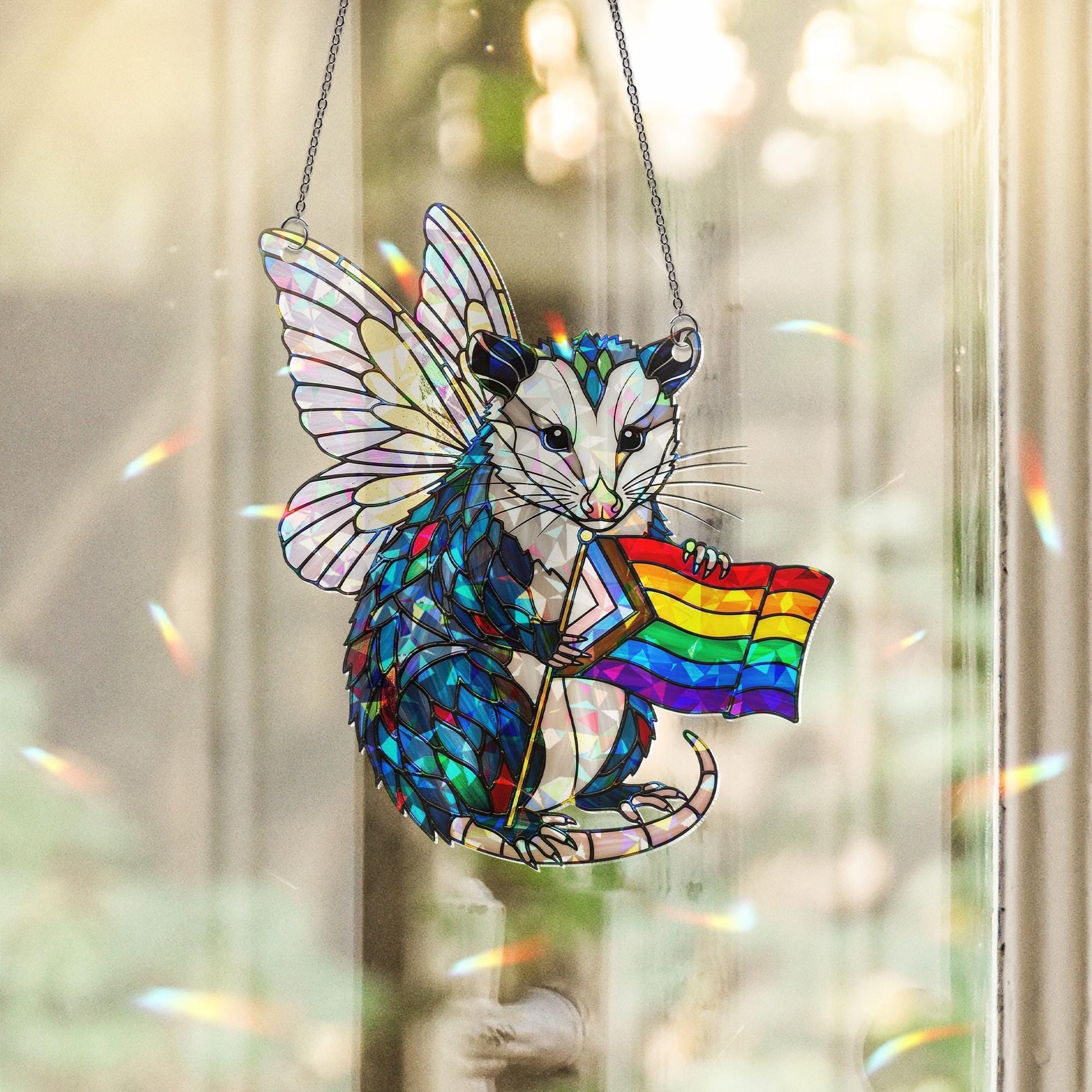 Rainbow Opossum Fairy Acrylic Window hanging – Holographic Acrylic LGBTQ+ Window Hanging, Pride Animal Decor Gift