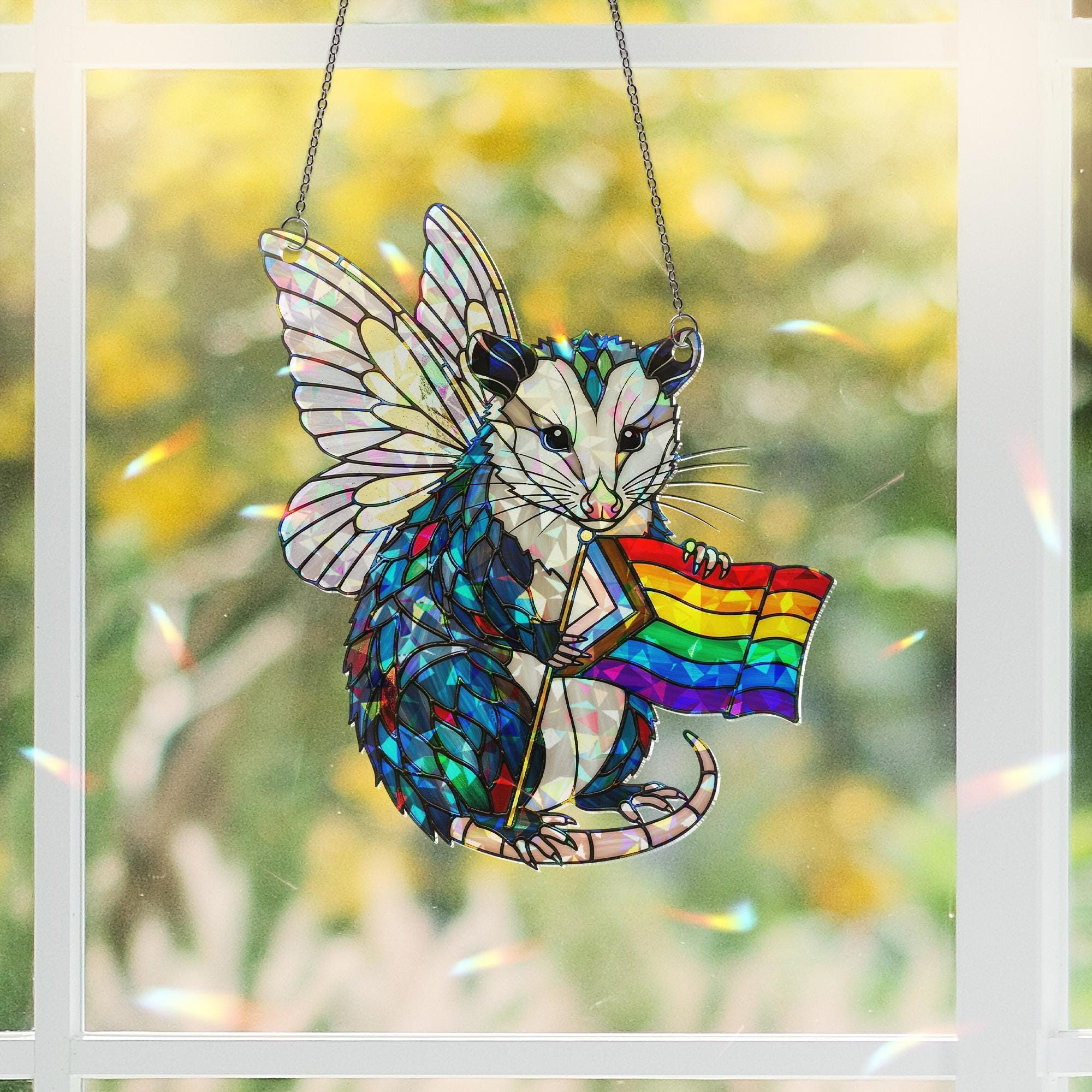 Rainbow Opossum Fairy Acrylic Window hanging – Holographic Acrylic LGBTQ+ Window Hanging, Pride Animal Decor Gift