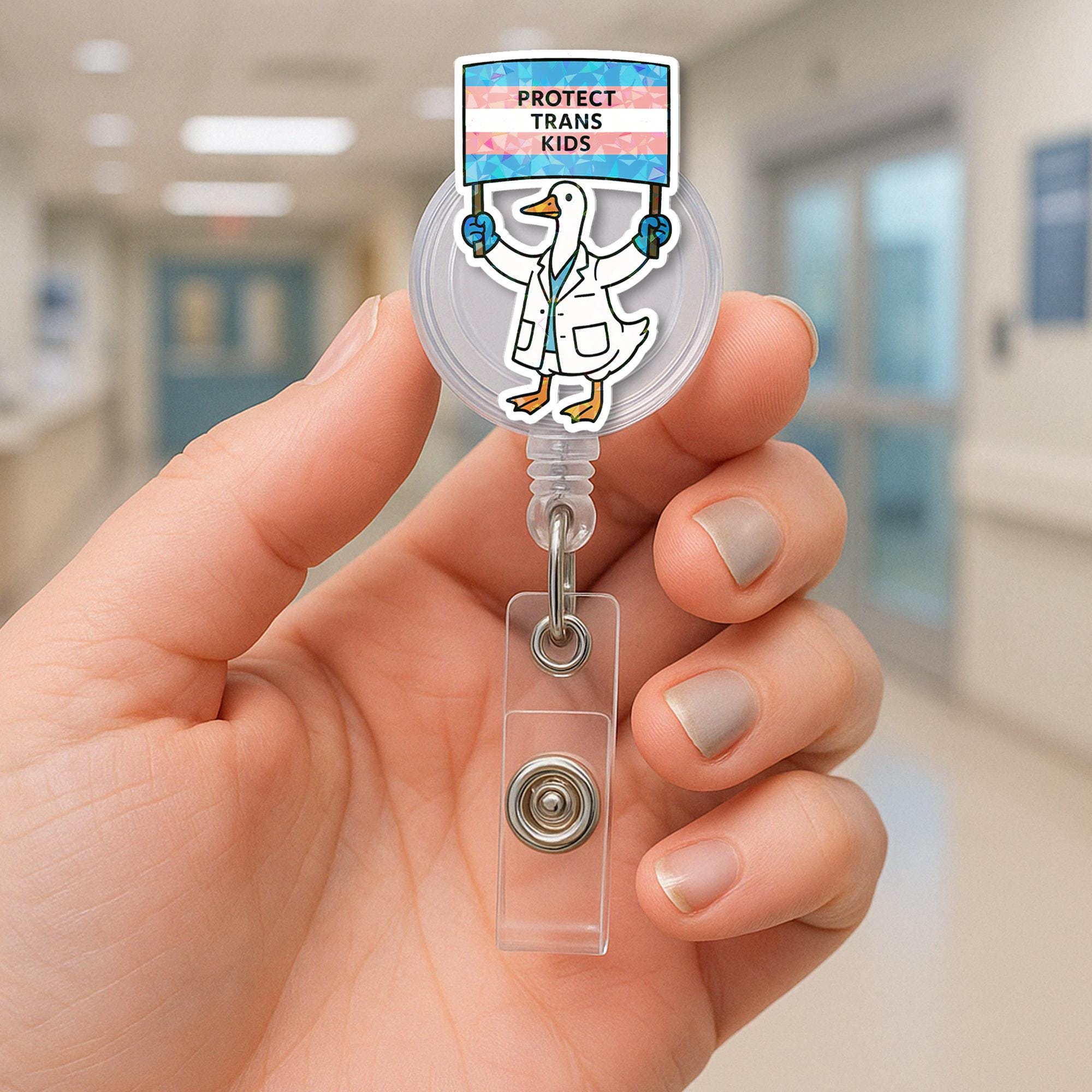 Protect Trans Kids Badge Reel | LGBTQ+ Doctor Goose ID Holder | Trans Pride Nurse Clip | Inclusive Healthcare Gift | Pride Month Reel