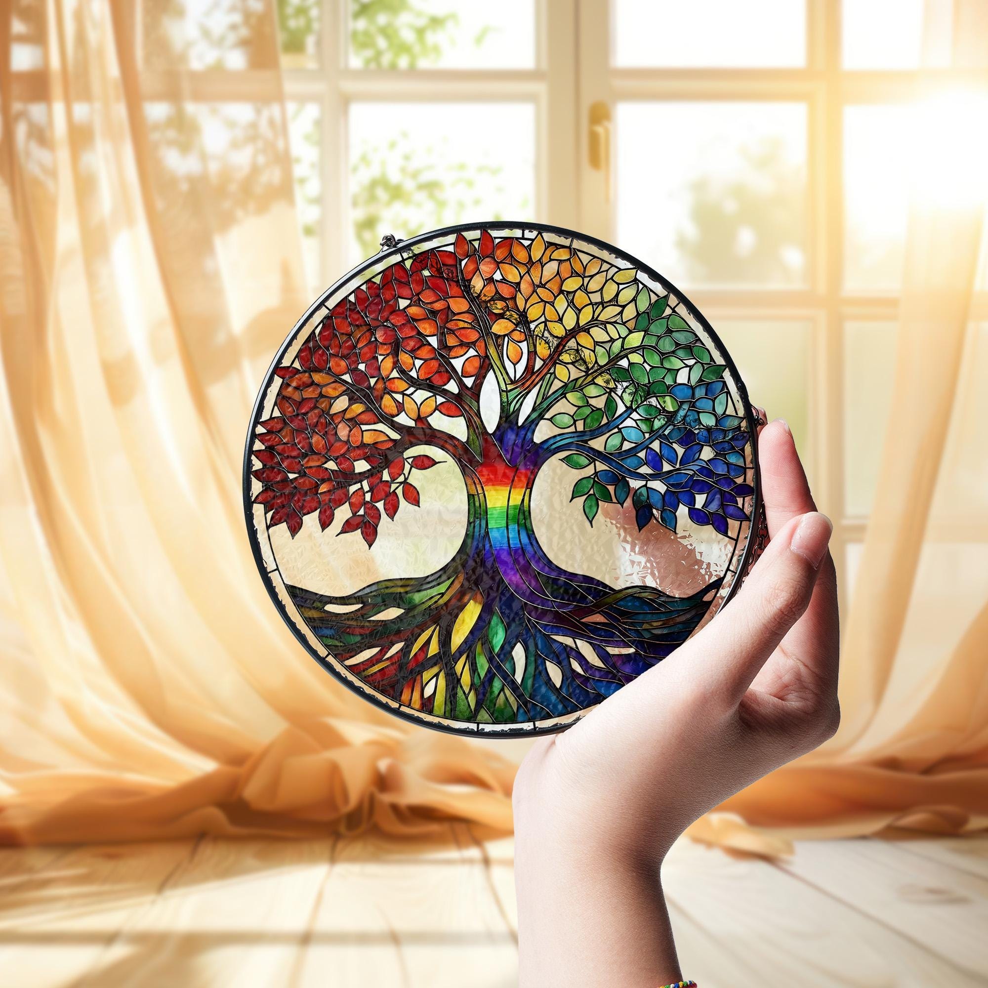 Tree of Life Rainbow Glass Suncatcher – Colorful Hanging Window Decor, Chakra Spiritual Gift, Handmade Boho Sun Catcher Art