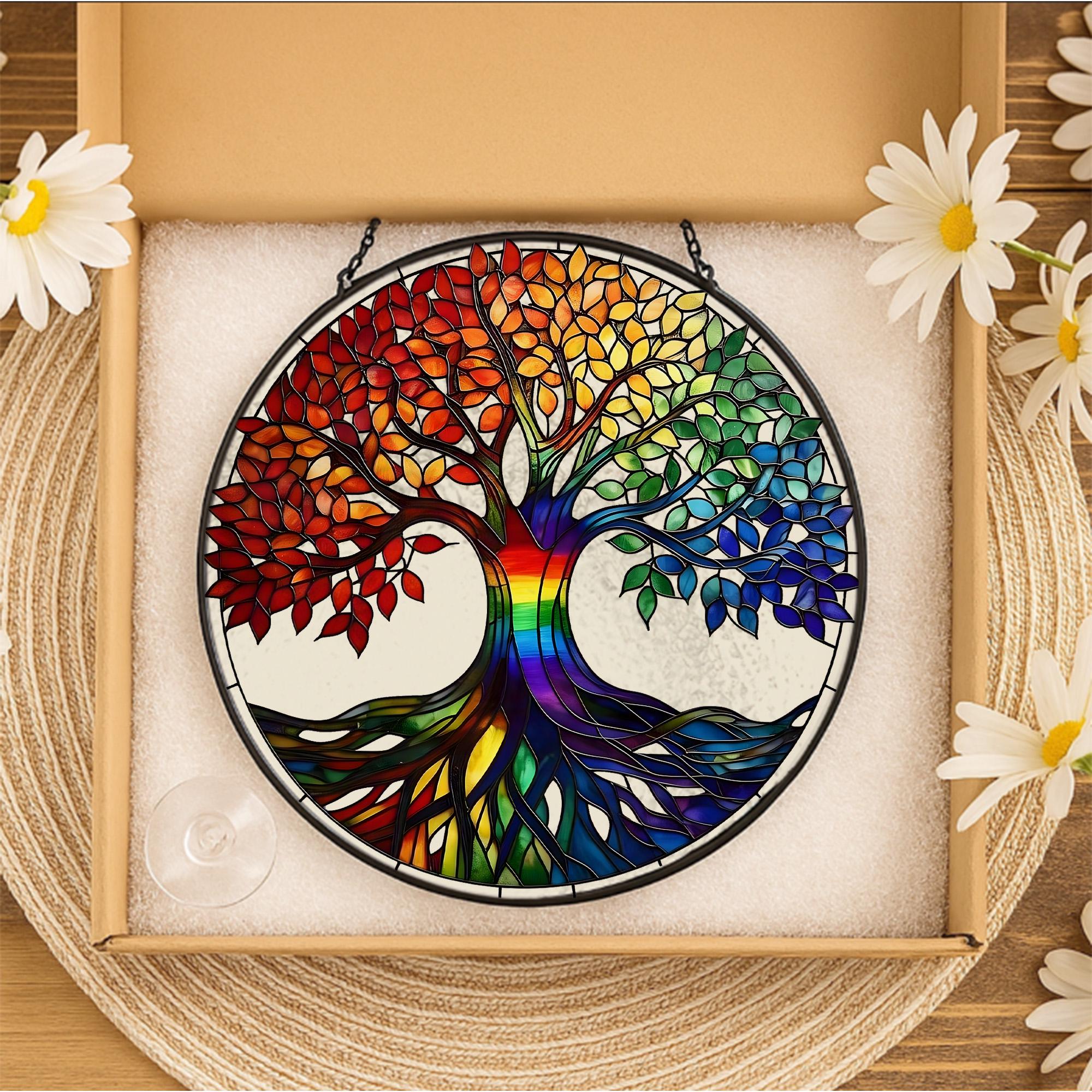 Tree of Life Rainbow Glass Suncatcher – Colorful Hanging Window Decor, Chakra Spiritual Gift, Handmade Boho Sun Catcher Art