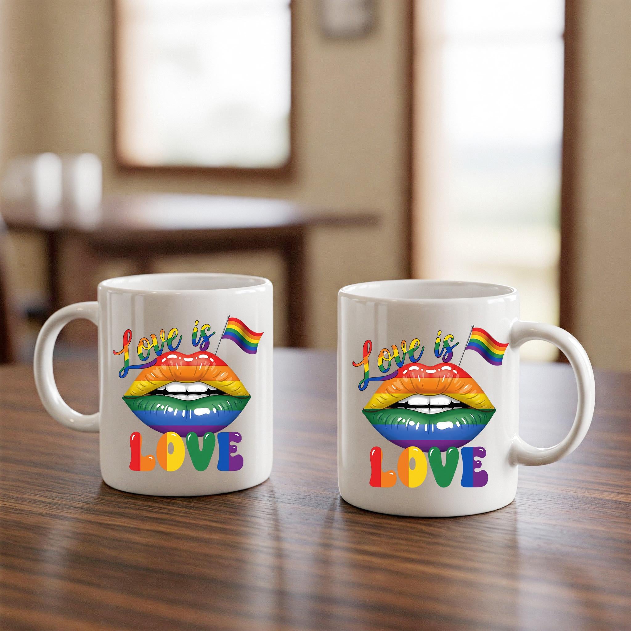 Love Is Love Rainbow Mug – LGBTQ+ Pride Coffee Cup, Gay Lesbian Gift Idea, Colorful Rainbow Lips Flag Design, Queer Affirmation Mug
