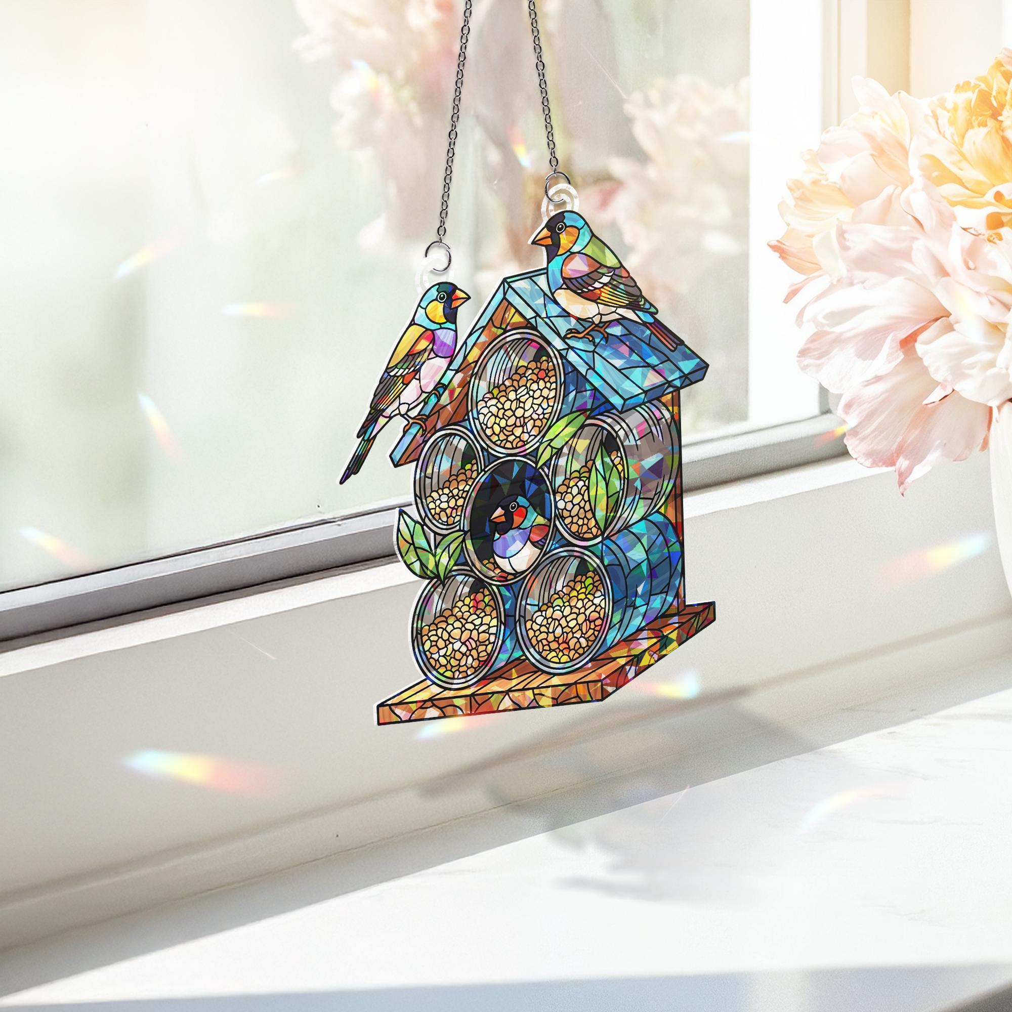Finch Birdhouse Window Hanging – Holographic Suncatcher with Birds and Flowers – Cottagecore Boho Decor – Stained Glass Style Art