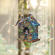 Finch Birdhouse Window Hanging – Holographic Suncatcher with Birds and Flowers – Cottagecore Boho Decor – Stained Glass Style Art