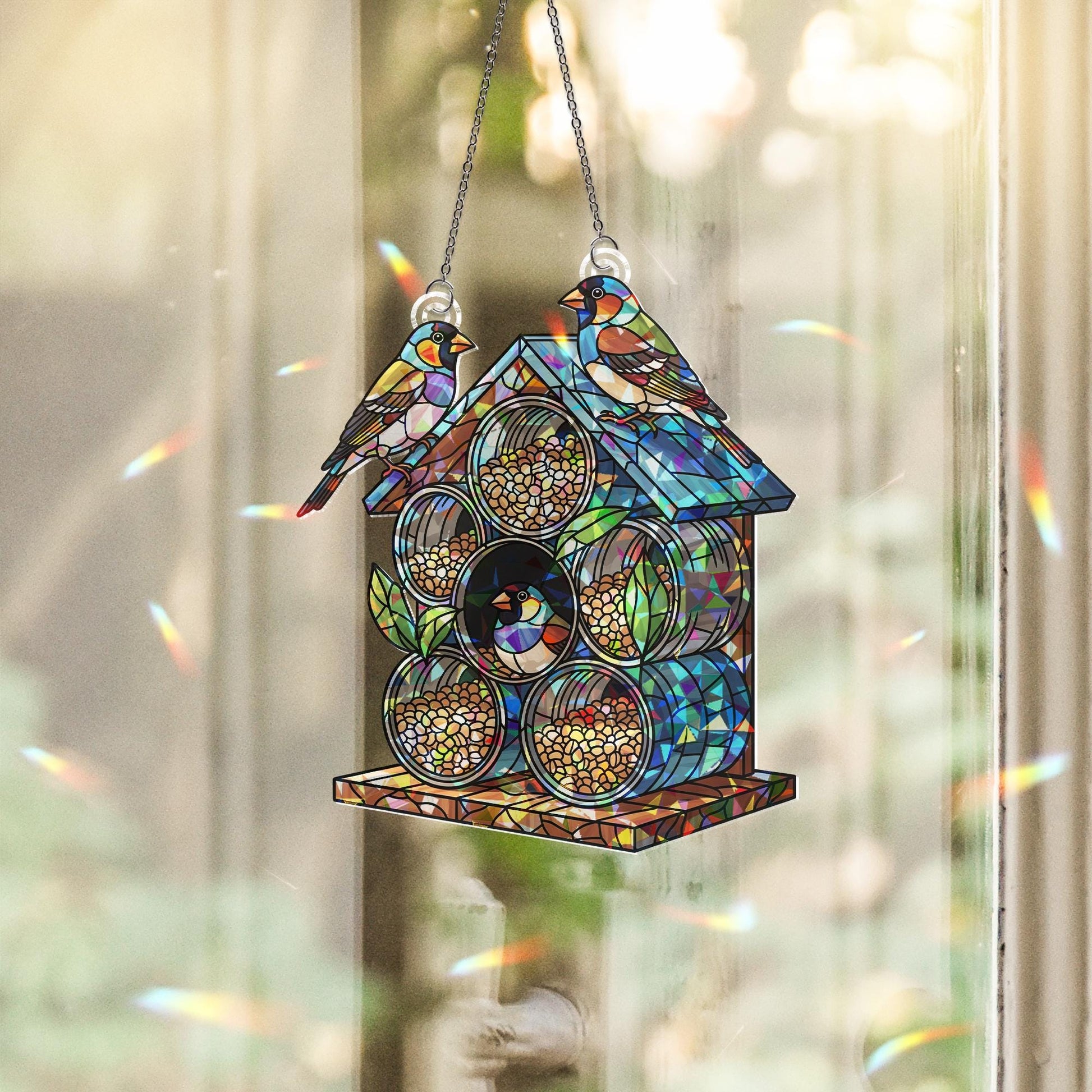 Finch Birdhouse Window Hanging – Holographic Suncatcher with Birds and Flowers – Cottagecore Boho Decor – Stained Glass Style Art
