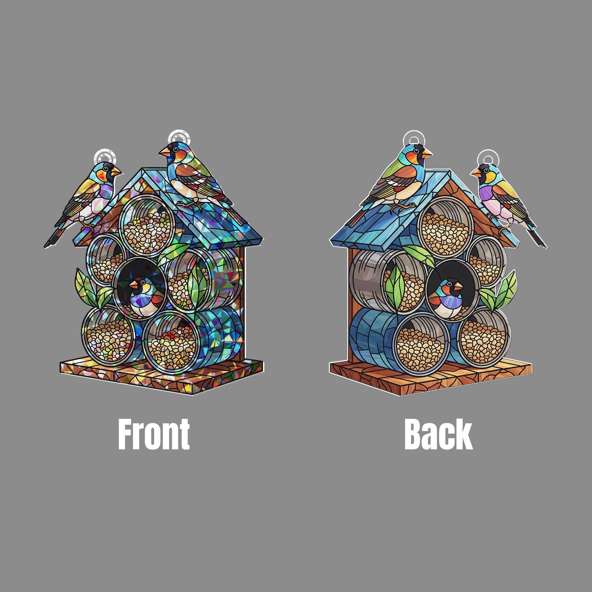 Finch Birdhouse Window Hanging – Holographic Suncatcher with Birds and Flowers – Cottagecore Boho Decor – Stained Glass Style Art