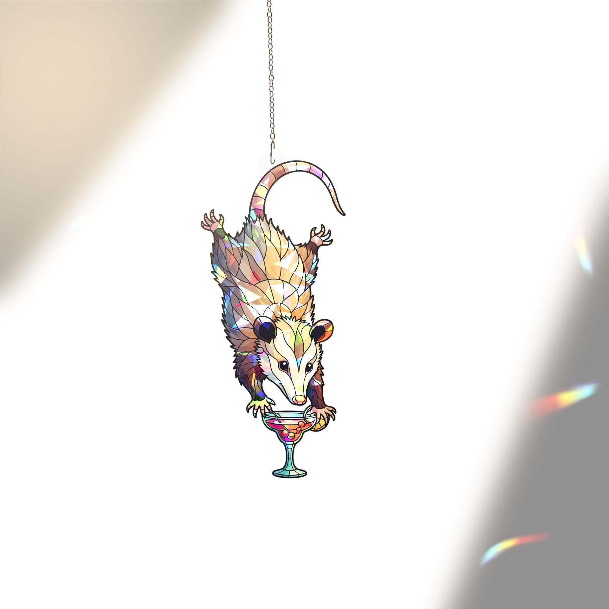 Drunk Opossum Holographic Window Hanging – Funny Animal Cocktail Suncatcher – Quirky Boho Decor for Weird Home Vibes