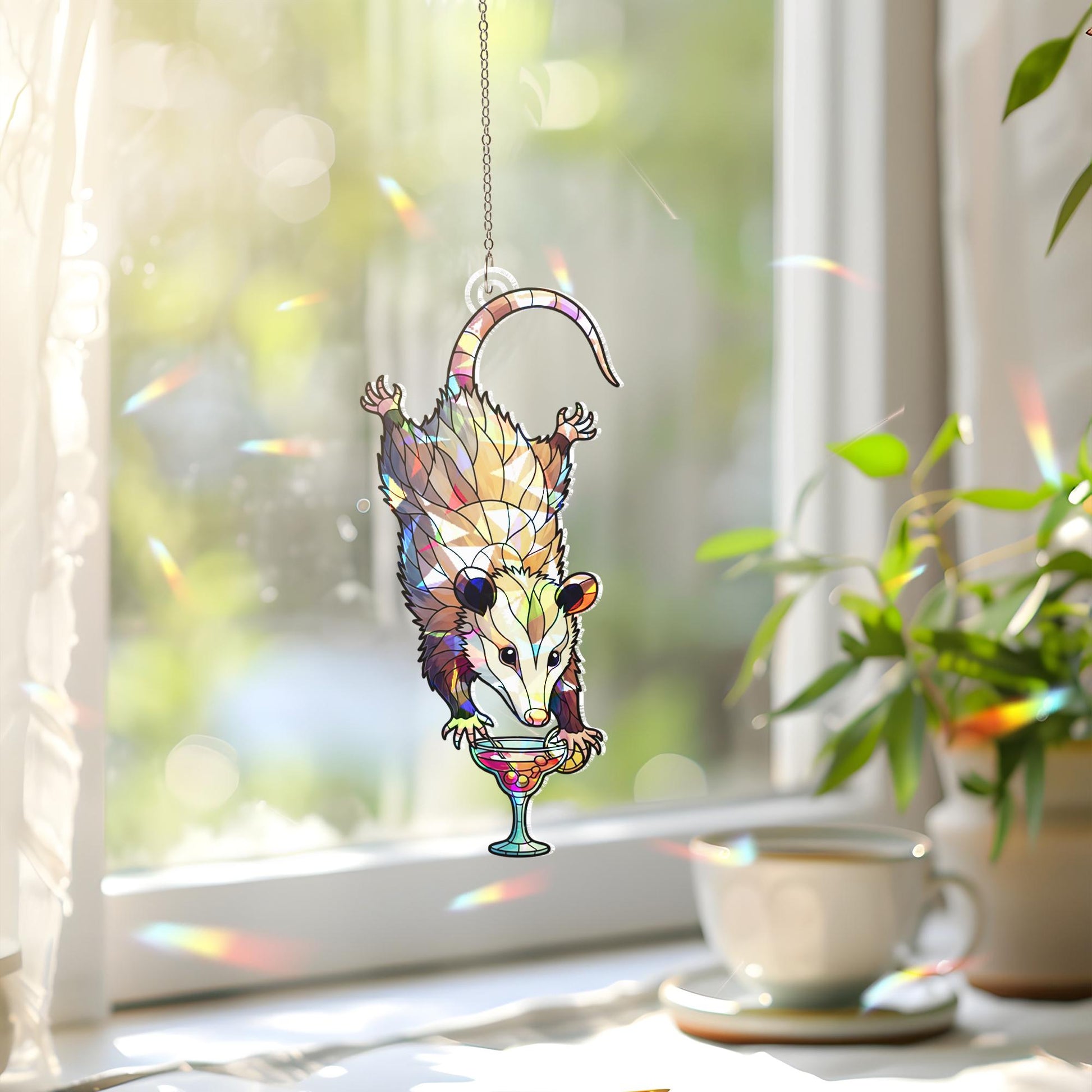 Drunk Opossum Holographic Window Hanging – Funny Animal Cocktail Suncatcher – Quirky Boho Decor for Weird Home Vibes
