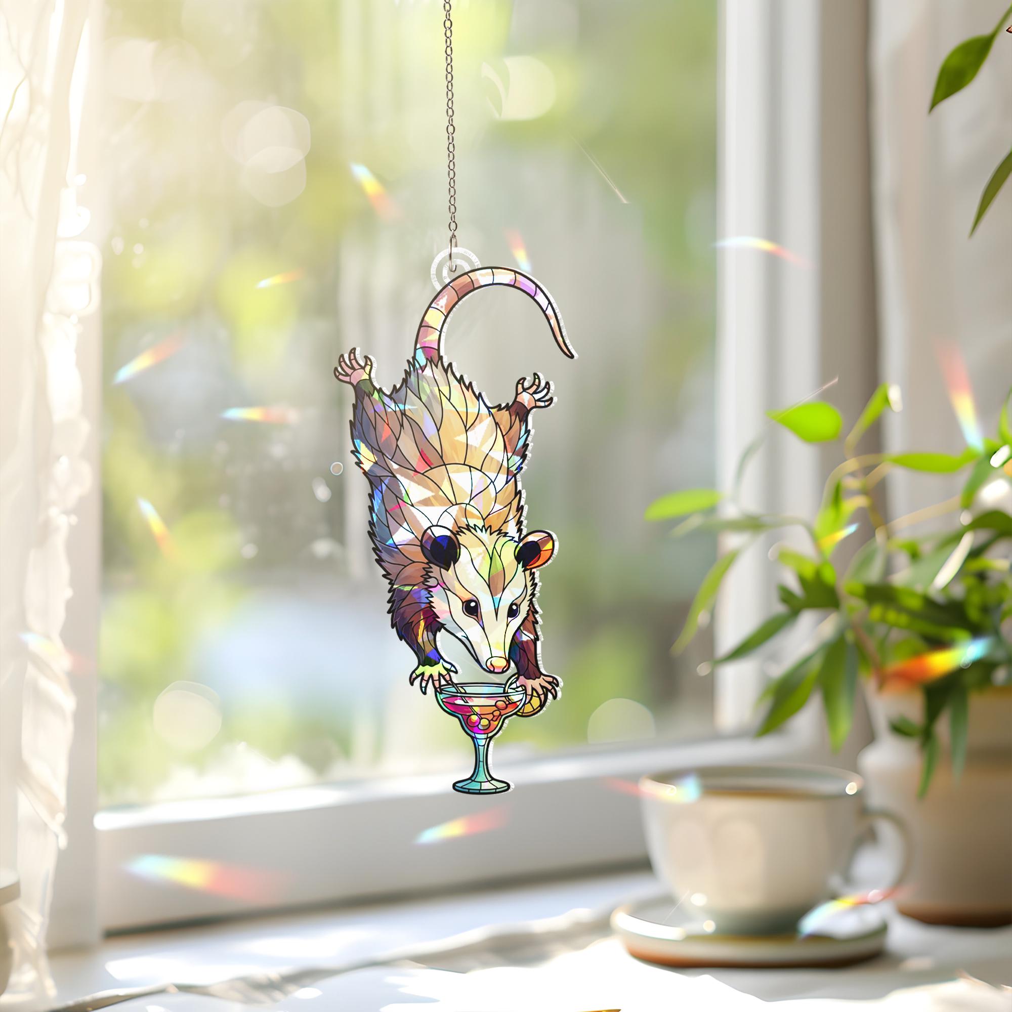Drunk Opossum Holographic Window Hanging – Funny Animal Cocktail Suncatcher – Quirky Boho Decor for Weird Home Vibes